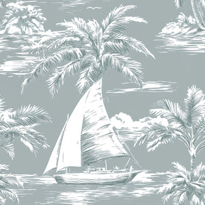 Coastal Dreamscape Wallpaper with sailboats, palm trees, and ocean theme by Wall Artifacts, perfect for coastal interiors.