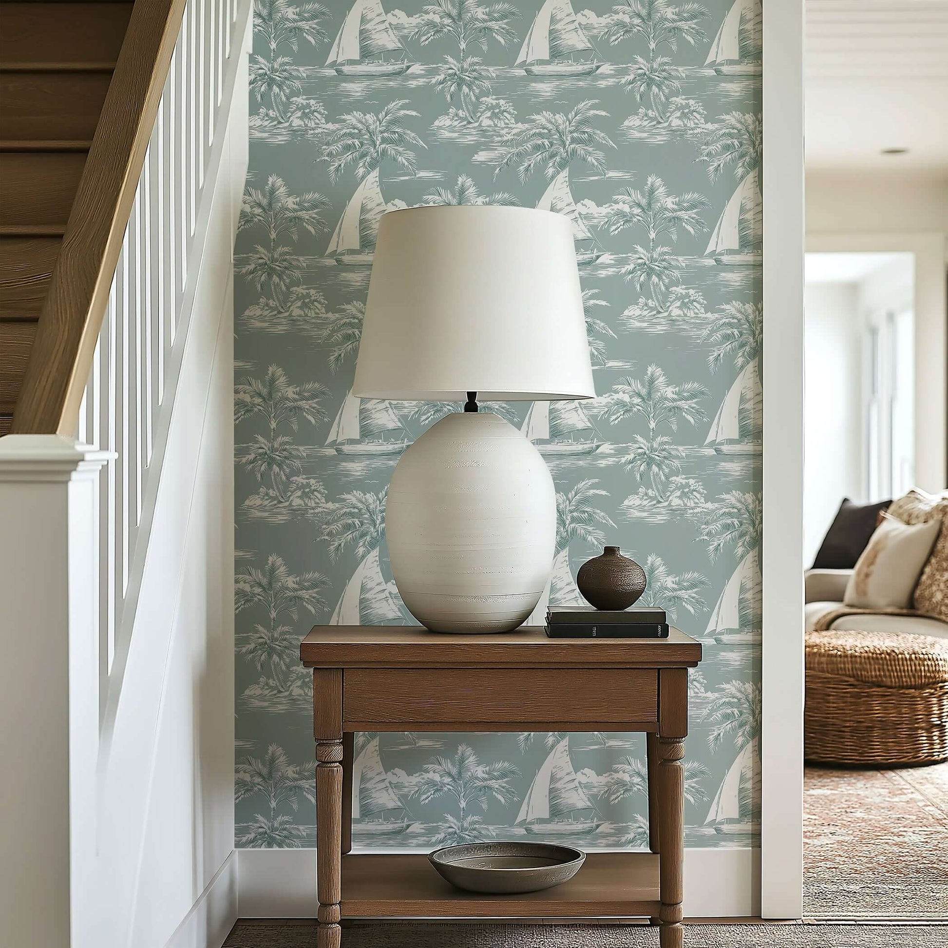 Coastal Dreamscape wallpaper featuring sailboats, palm trees, and harbor scenes, perfect for ocean-themed décor in any room.