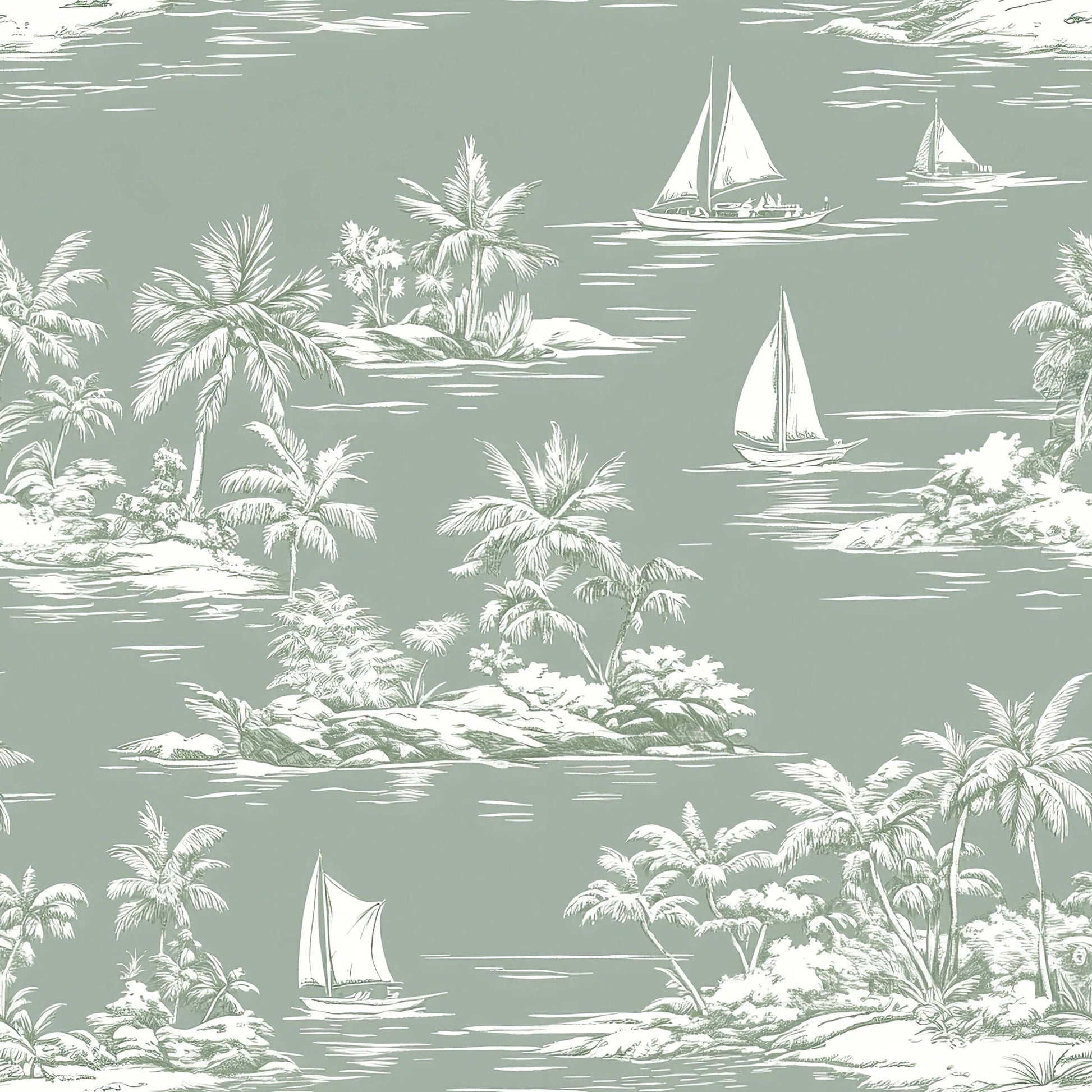 Island Escape Wallpaper with hand-drawn boats, ocean, and palm trees, perfect for coastal décor with a nautical toile pattern.