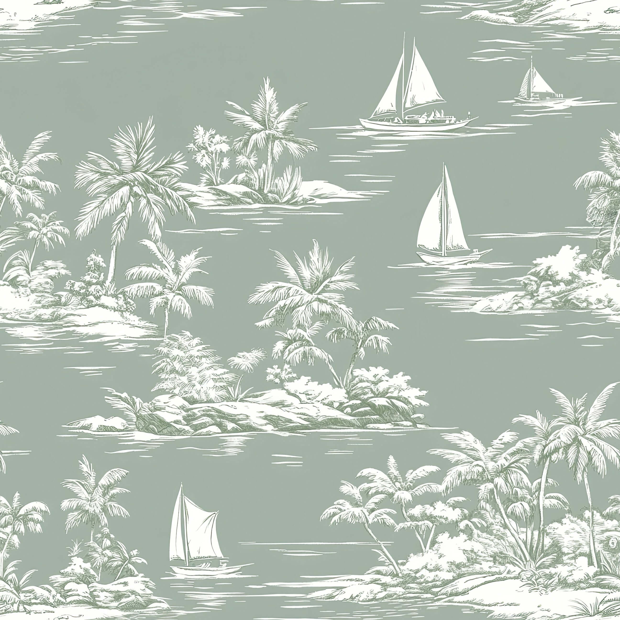 Island Escape Wallpaper with hand-drawn boats, ocean, and palm trees, perfect for coastal décor with a nautical toile pattern.