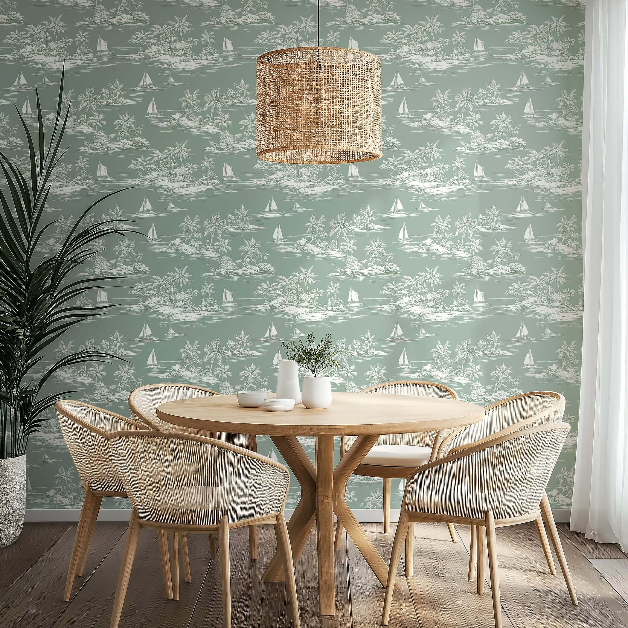 Island Escape wallpaper featuring sailboats, islands, and palms for coastal décor. Perfect for beach house style—boats, ocean theme.