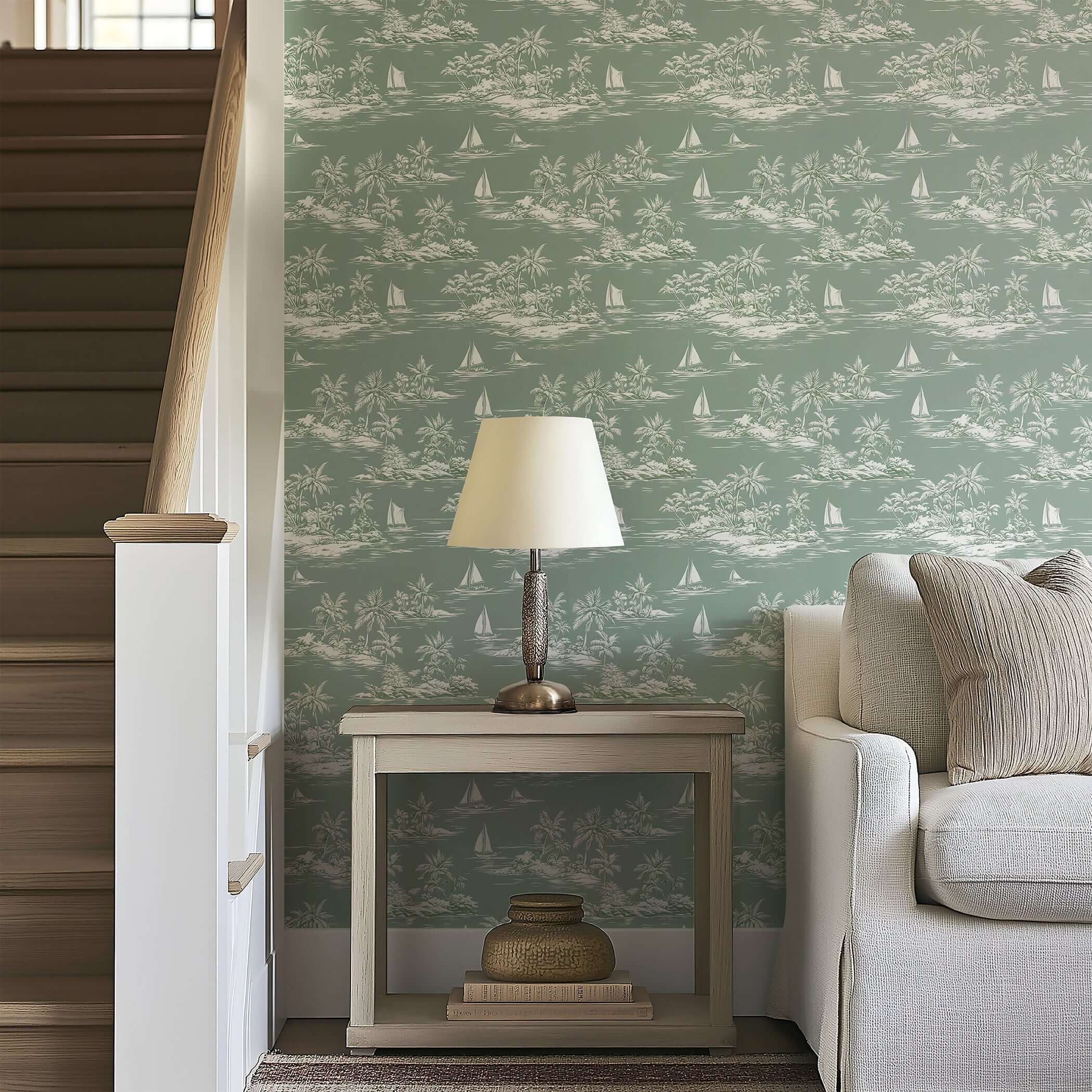 Coastal wallpaper with sailboats, islands, and palm trees, adding nautical charm to home décor. Ideal for beach house interiors.