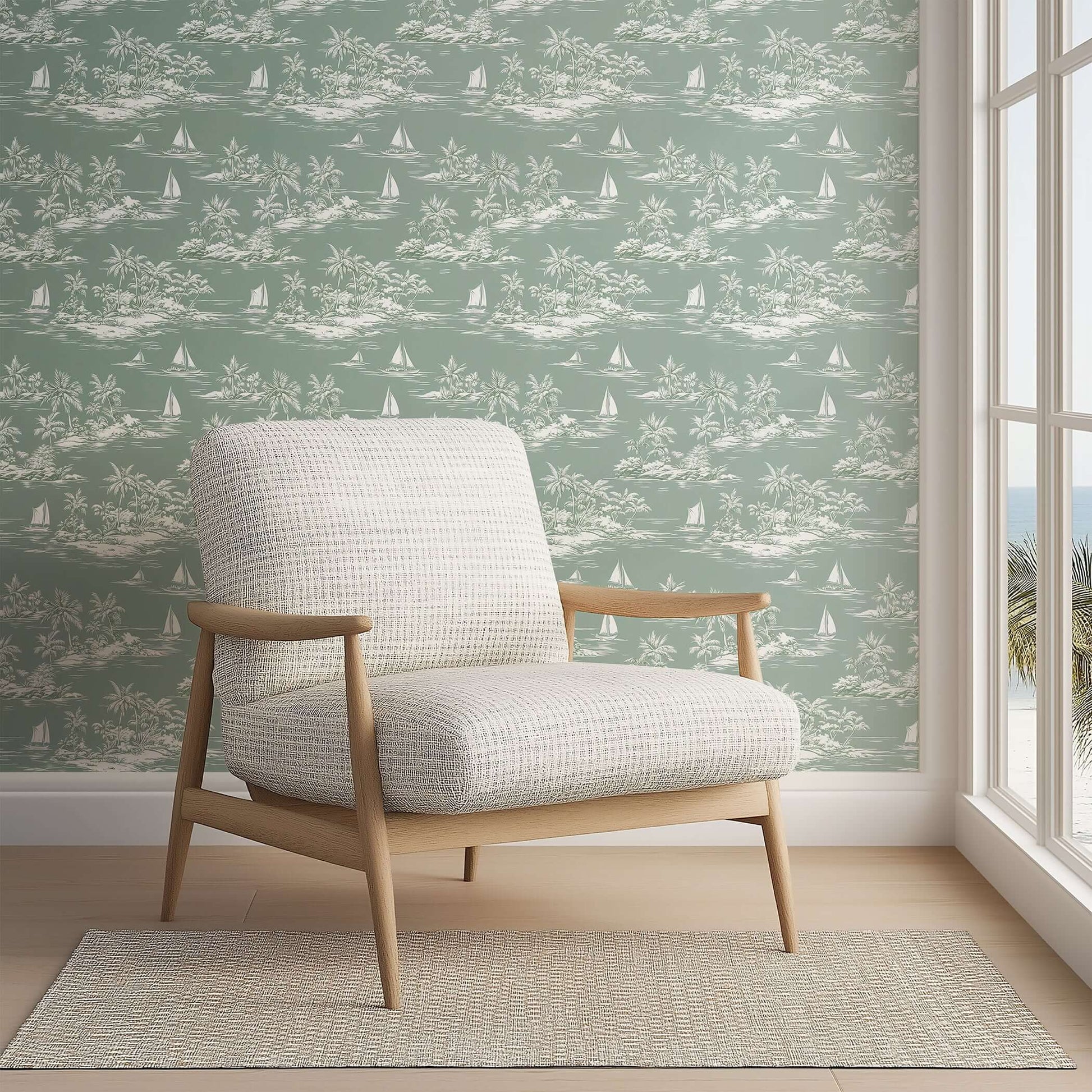 Island Escape Wallpaper with boats and palm trees, ideal coastal décor, featuring toile design and nautical theme for home interiors.