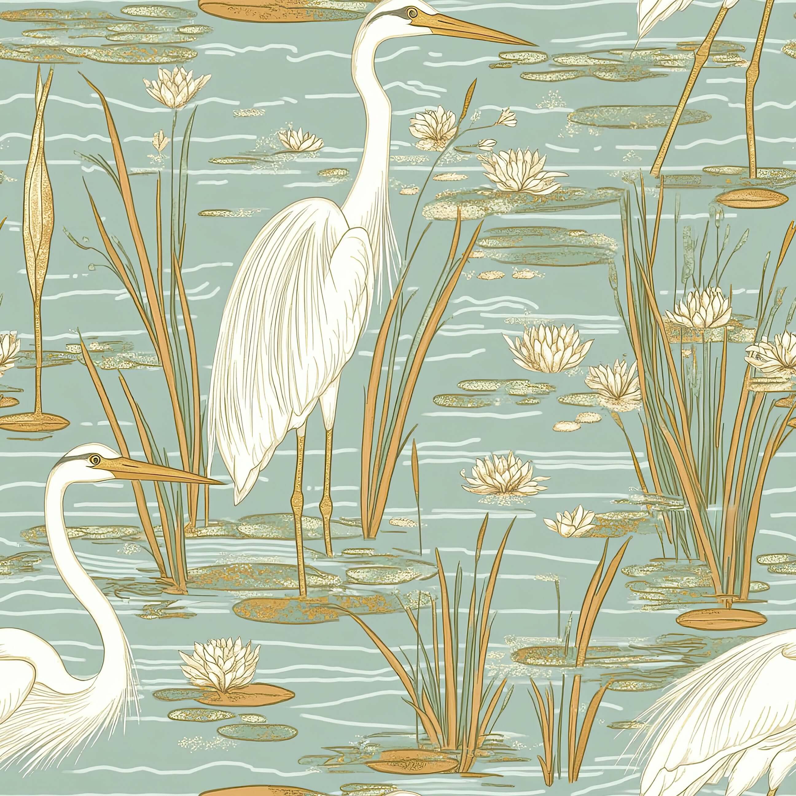 Tranquil Marshland Wallpaper featuring teal, tan colors with blue herons amidst flowering lilies and reeds, evoking a coastal serenity.