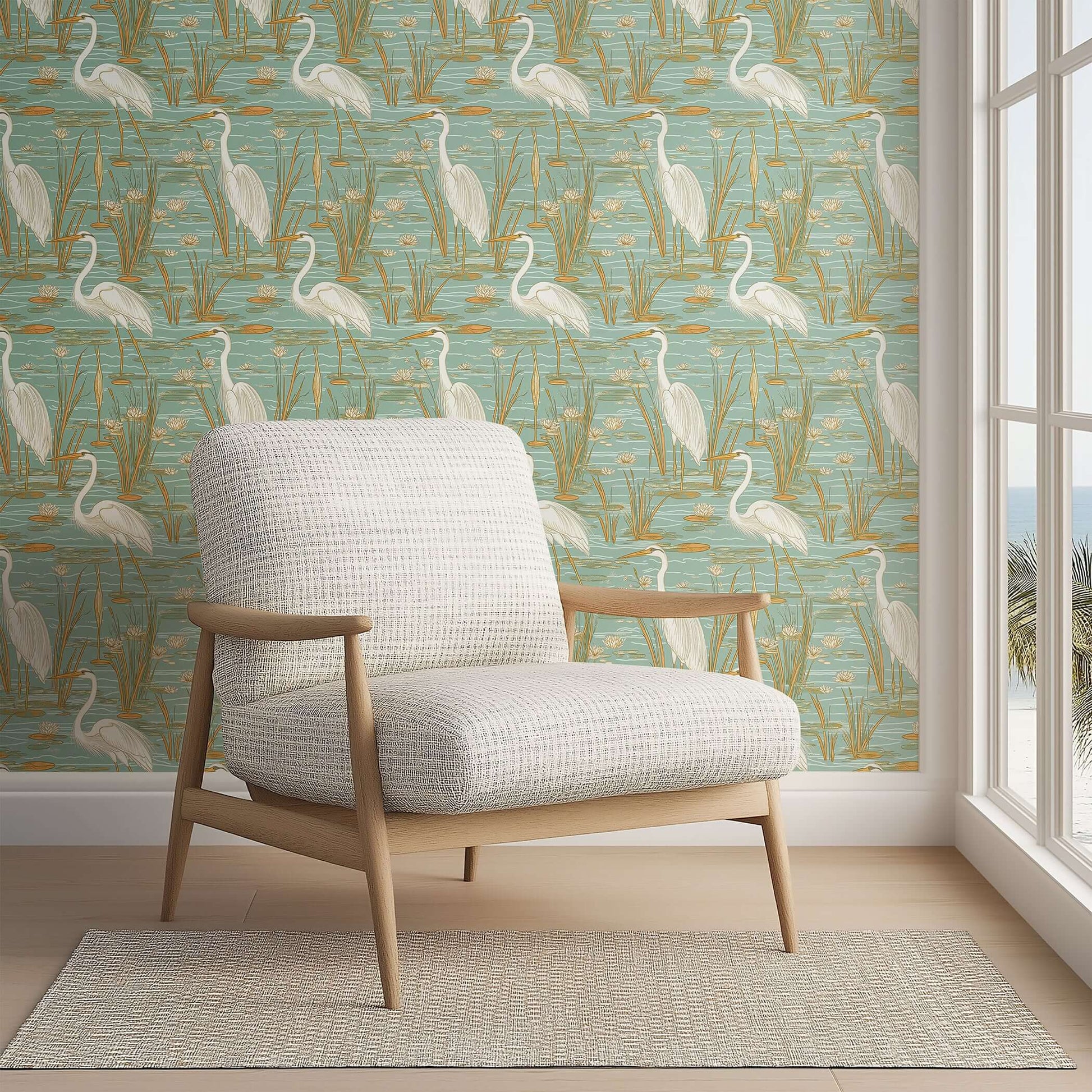 Tranquil Marshland wallpaper featuring blue herons, teal waters, lilies, and marsh plants, creating a serene coastal atmosphere.