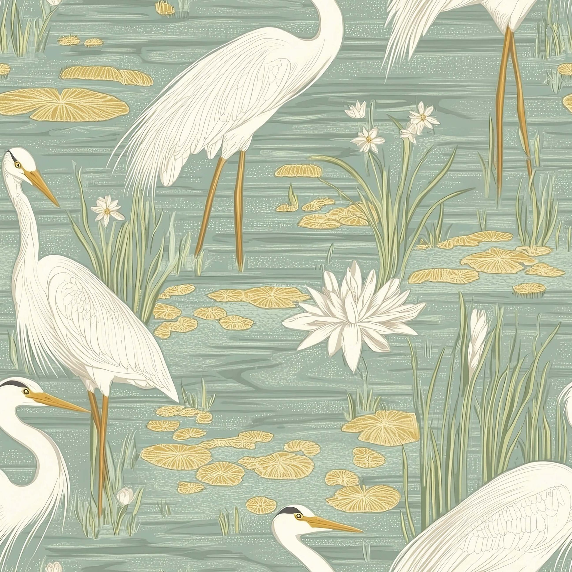"Tranquil Marshland II Wallpaper featuring white herons, water lilies, and reeds in a teal and tan modern design."