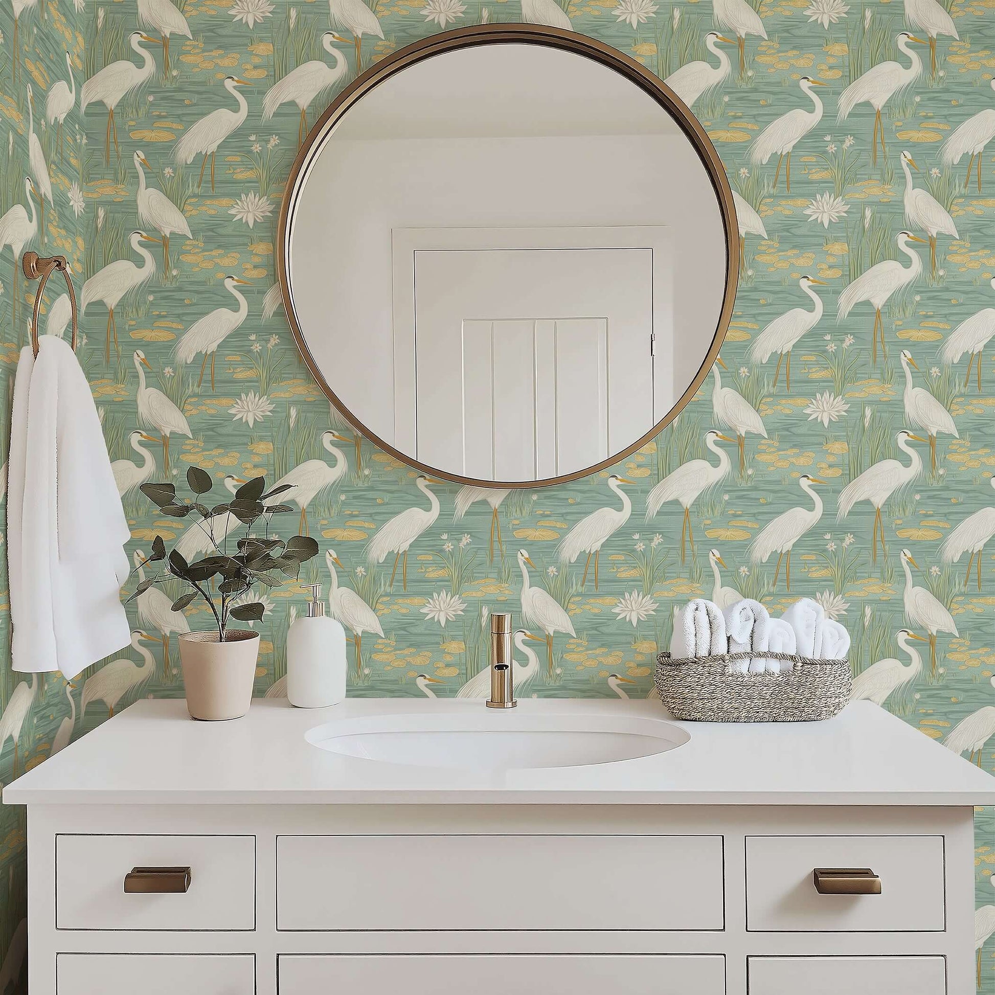 Tranquil Marshland II Wallpaper with white herons, teal and tan tones, modern bathroom. Features tropical birds and natural decor.