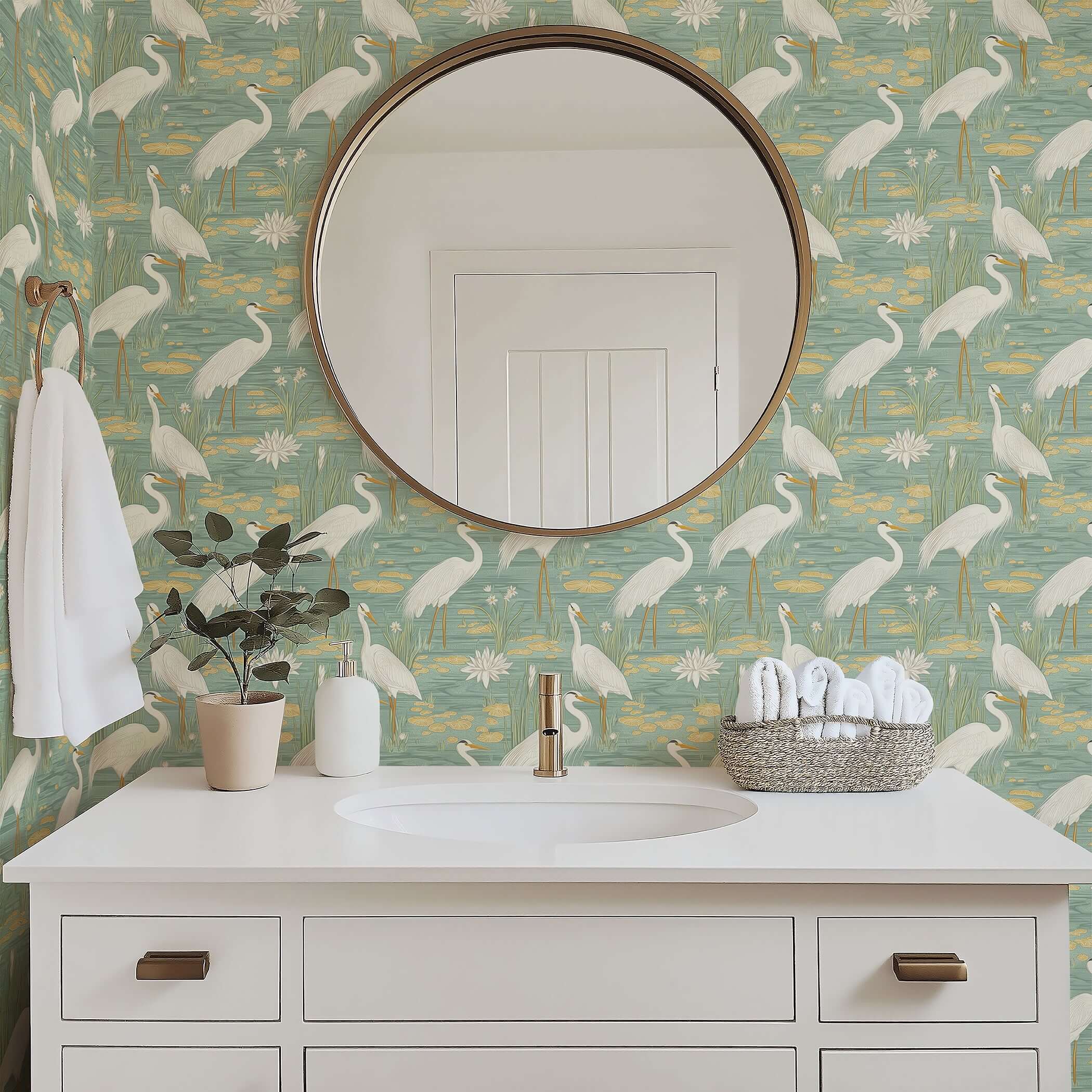Tranquil Marshland II Wallpaper with white herons, teal and tan tones, modern bathroom. Features tropical birds and natural decor.
