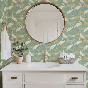 Tranquil Marshland II Wallpaper with white herons, teal and tan tones, modern bathroom. Features tropical birds and natural decor.