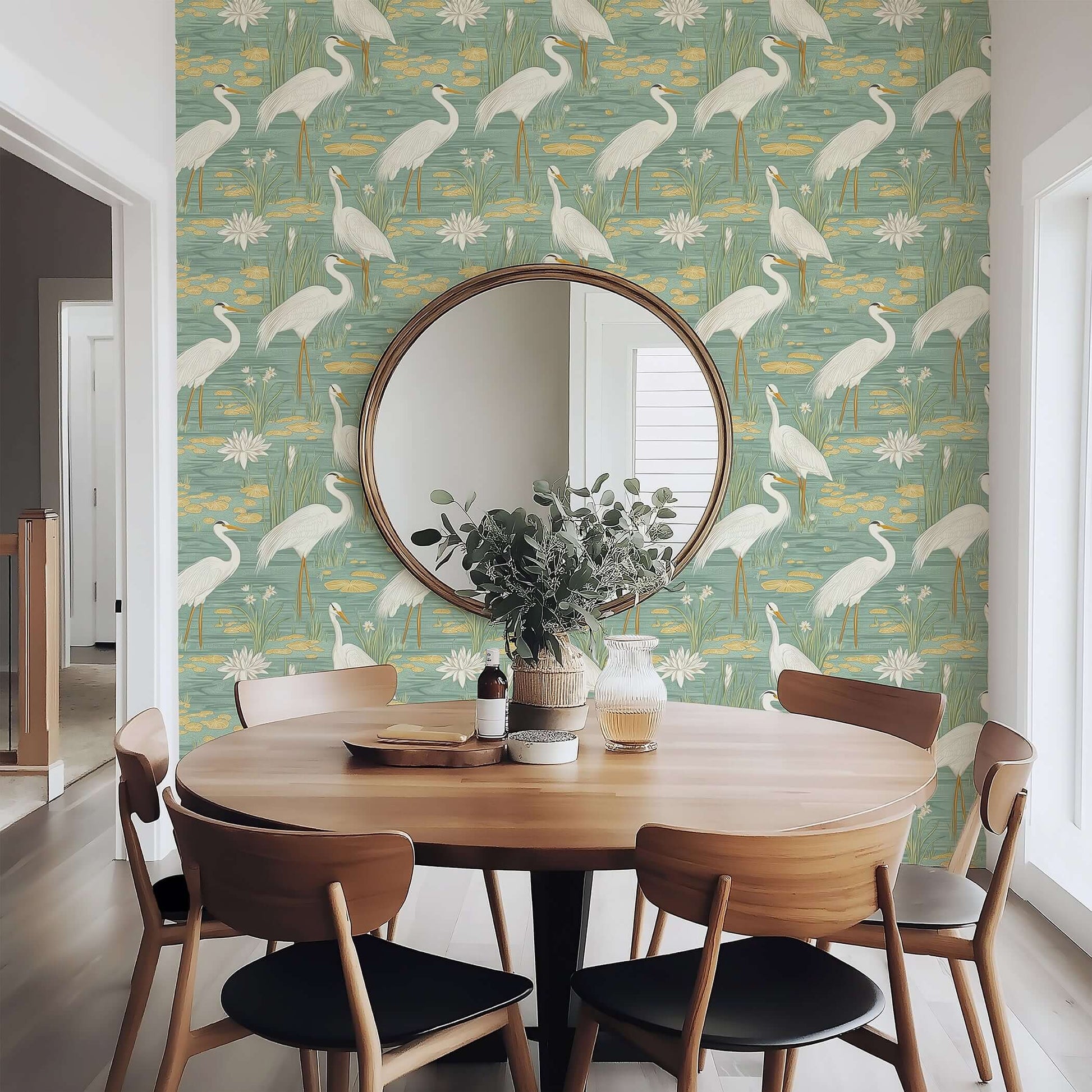 "Tranquil Marshland II" wallpaper featuring blue herons and water lilies in teal and tan tones for contemporary interiors.