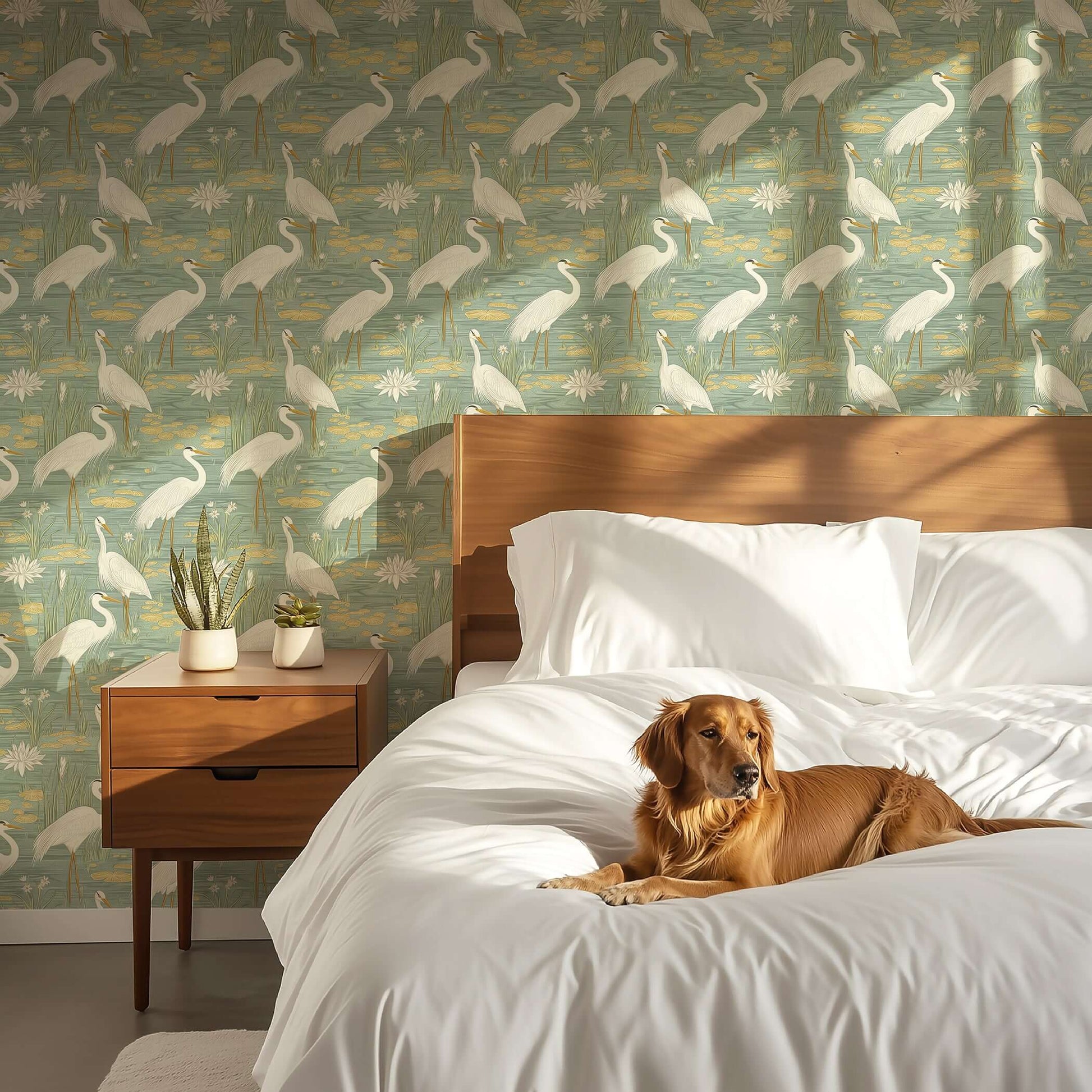 Bedroom with Tranquil Marshland II wallpaper featuring blue herons among water lilies, teal and tan tones, with a dog on the bed.