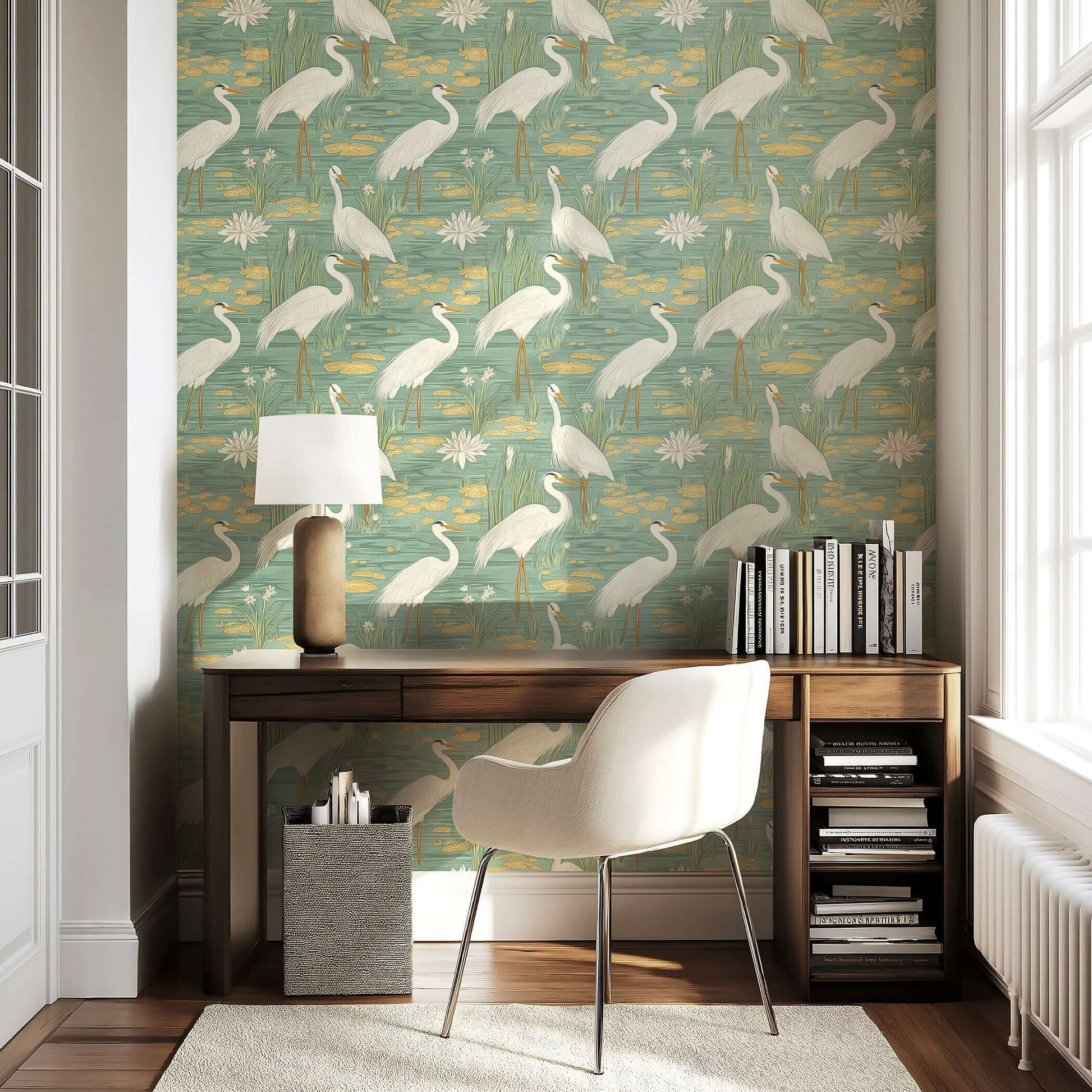 Tranquil Marshland II wallpaper featuring white herons, water lilies, and reeds on a teal and tan background in a modern room.