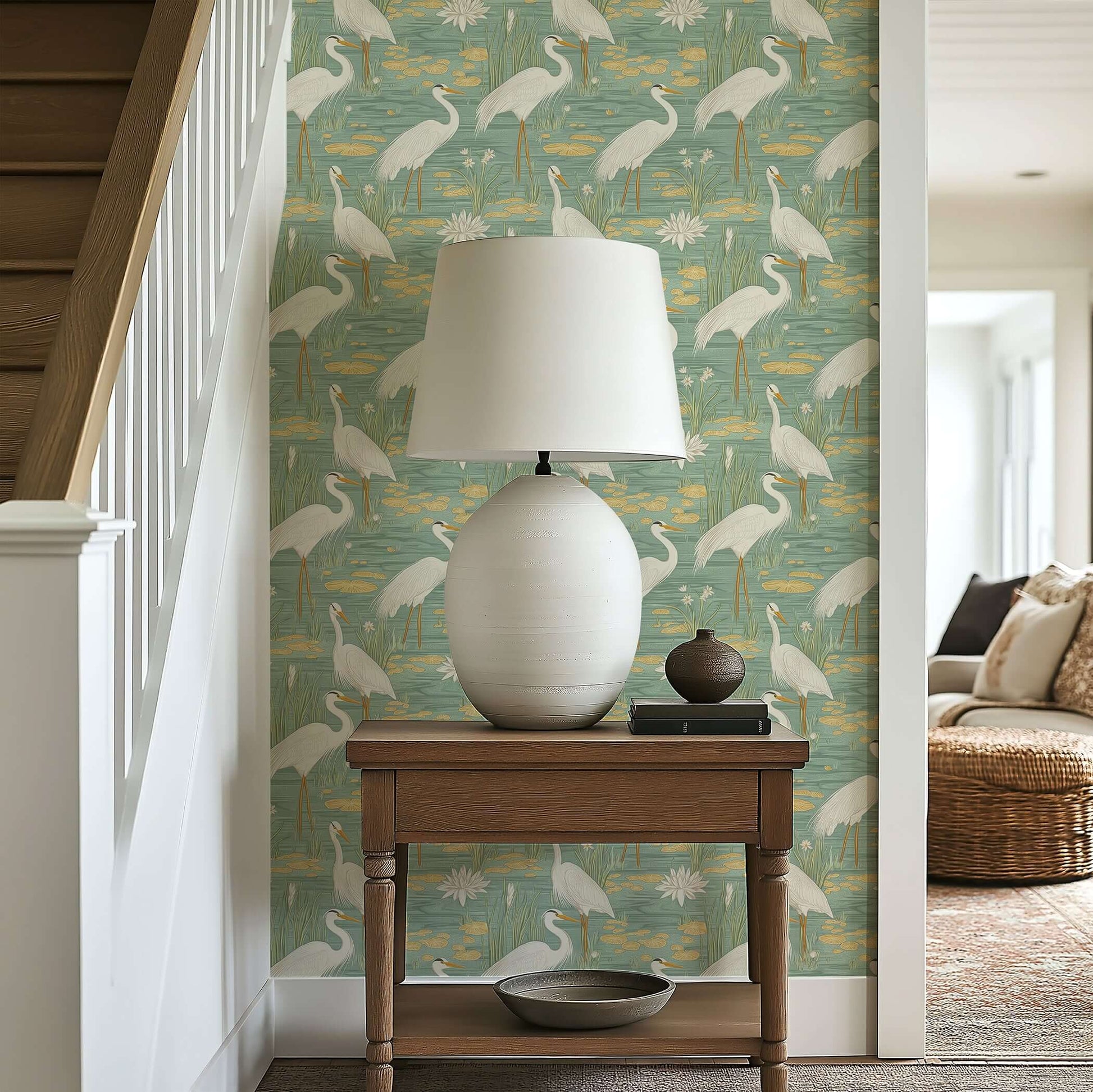 Modern tan and teal wallpaper depicting blue herons and marshland; features white herons, lilies, and reeds, ideal for contemporary decor.