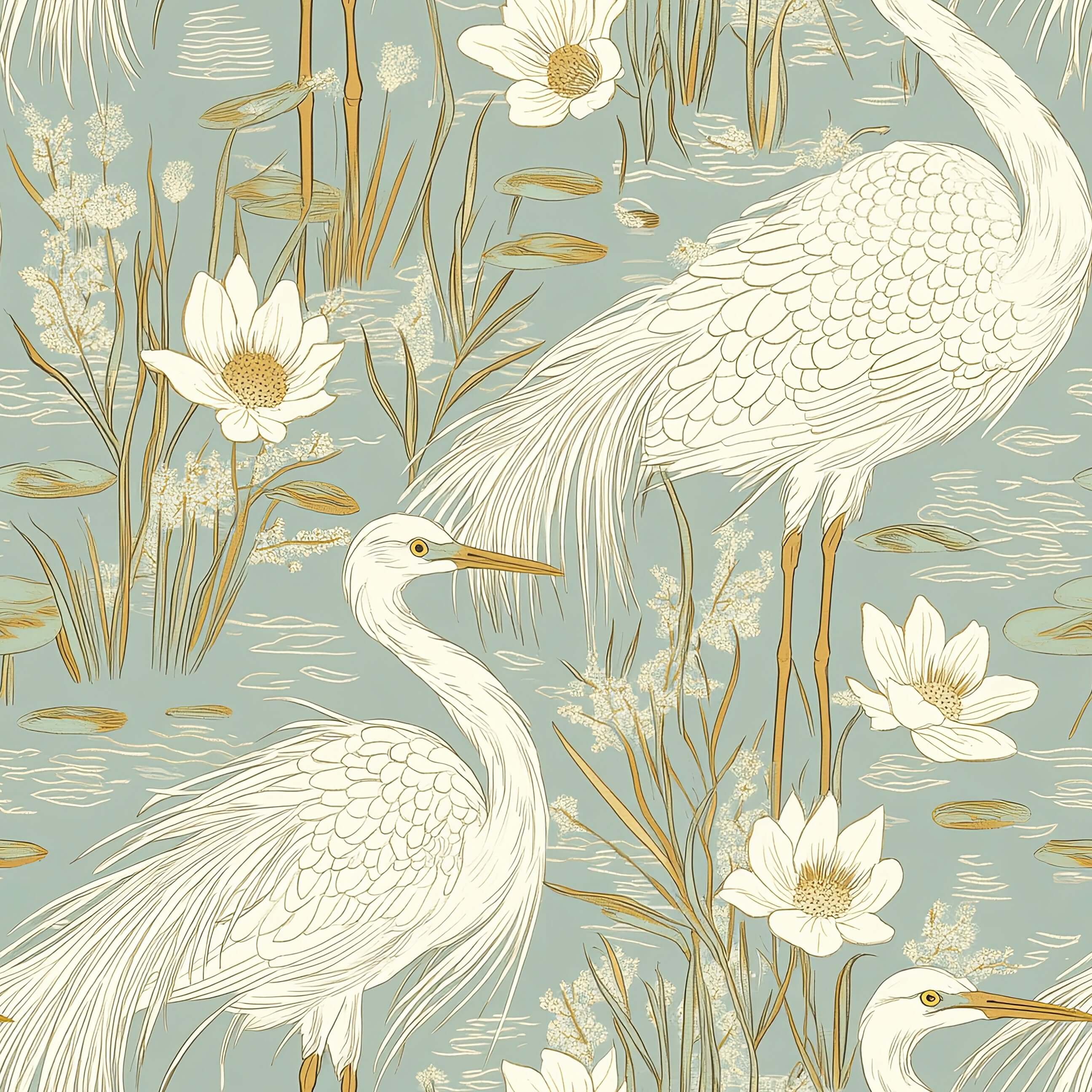 Illustrated wallpaper featuring blue herons, lotus flowers, and grasses on a tranquil teal background, embodying modern marshland design.