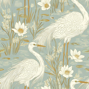 Illustrated wallpaper featuring blue herons, lotus flowers, and grasses on a tranquil teal background, embodying modern marshland design.