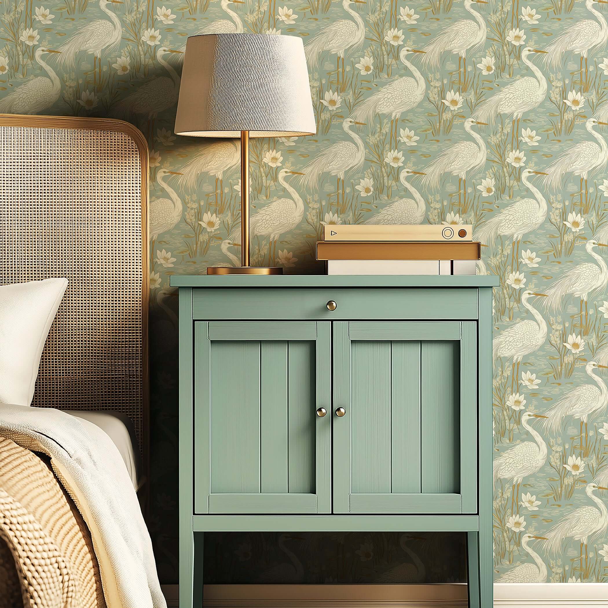 Tranquil Marshland III wallpaper featuring blue herons and lotus flowers in teal and tan, ideal for contemporary bird-themed decor.
