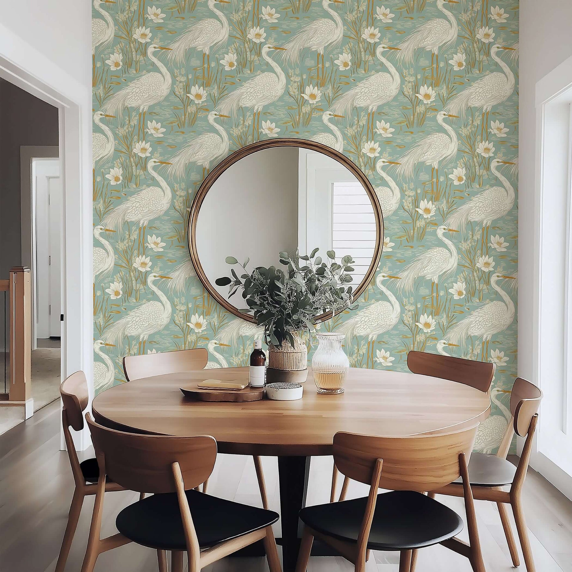 Tranquil Marshland III Wallpaper with blue herons and lotus flowers in teal, tan, and white, ideal for modern bird-themed decor.