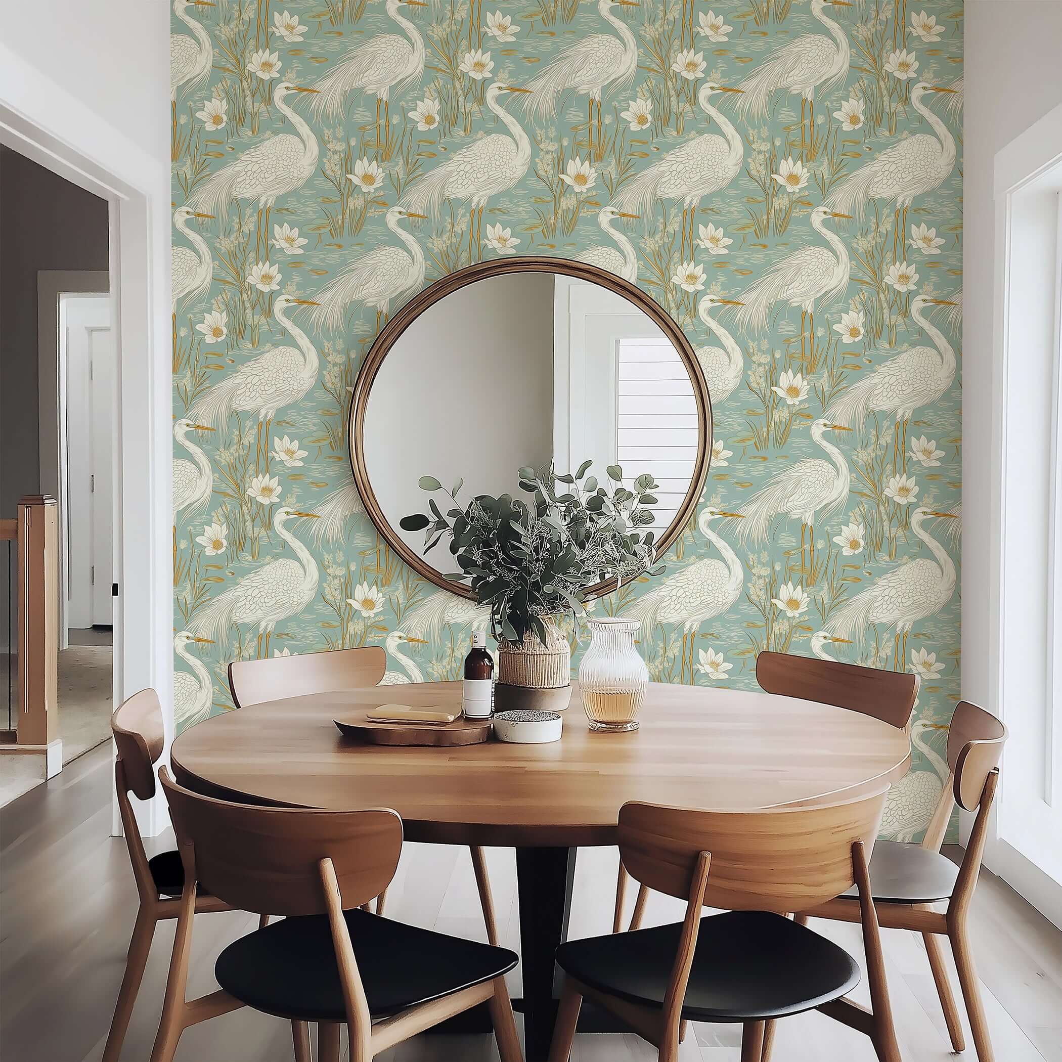 Tranquil Marshland III Wallpaper with blue herons and lotus flowers in teal, tan, and white, ideal for modern bird-themed decor.