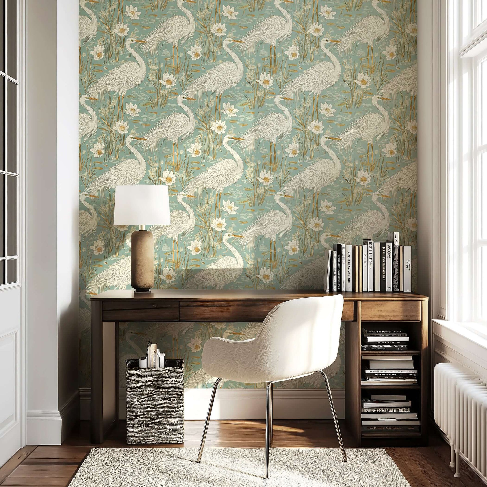 Tranquil Marshland III Wallpaper: Blue herons with lotus flowers on teal and tan background, perfect for modern, contemporary decor.