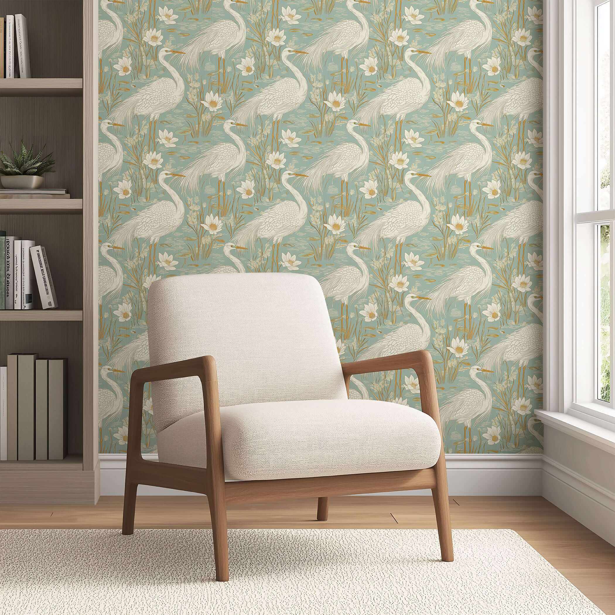 Tranquil Marshland III Wallpaper featuring blue herons, lotus flowers, and grasses in teal, tan, and white on a modern, serene wall.