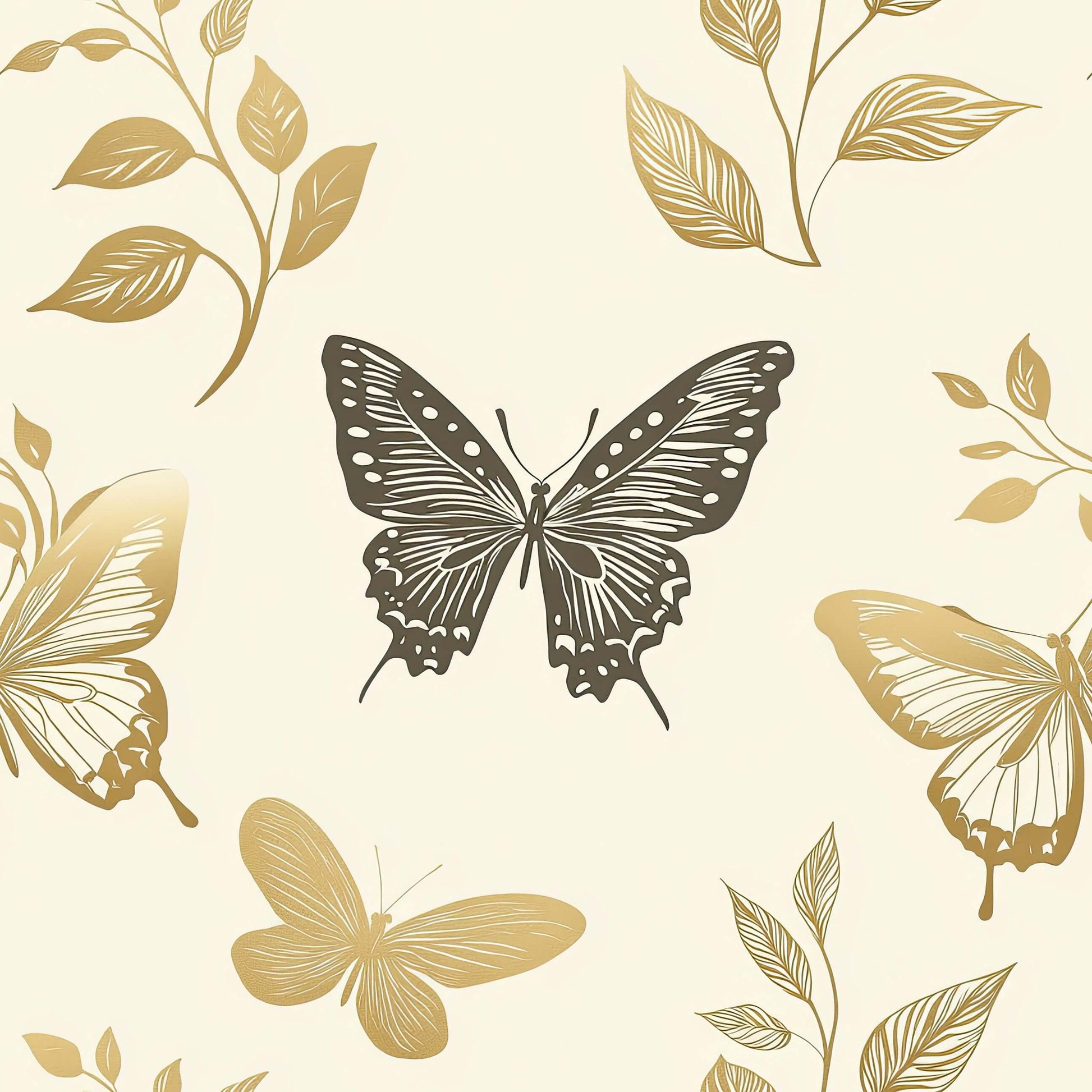 Botanical Wings Wallpaper with butterflies and florals in gold and charcoal, perfect for modern nursery, baby room, or playroom decor.