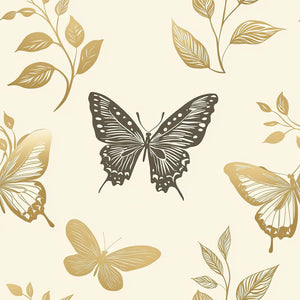 Botanical Wings Wallpaper with butterflies and florals in gold and charcoal, perfect for modern nursery, baby room, or playroom decor.