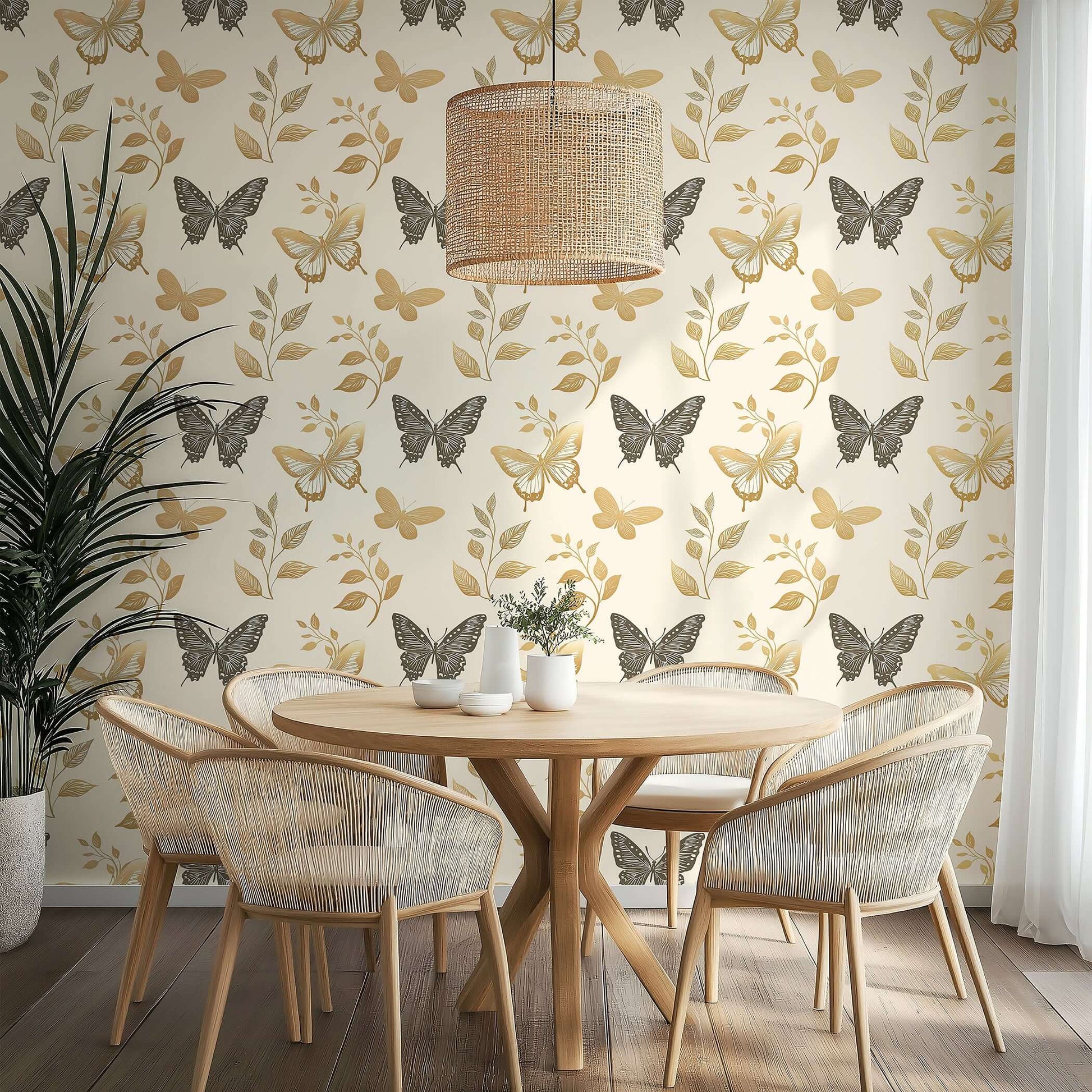 Elegant Botanical Wings wallpaper with butterflies and leaves in gold and charcoal on cream, perfect for modern nurseries and playrooms.