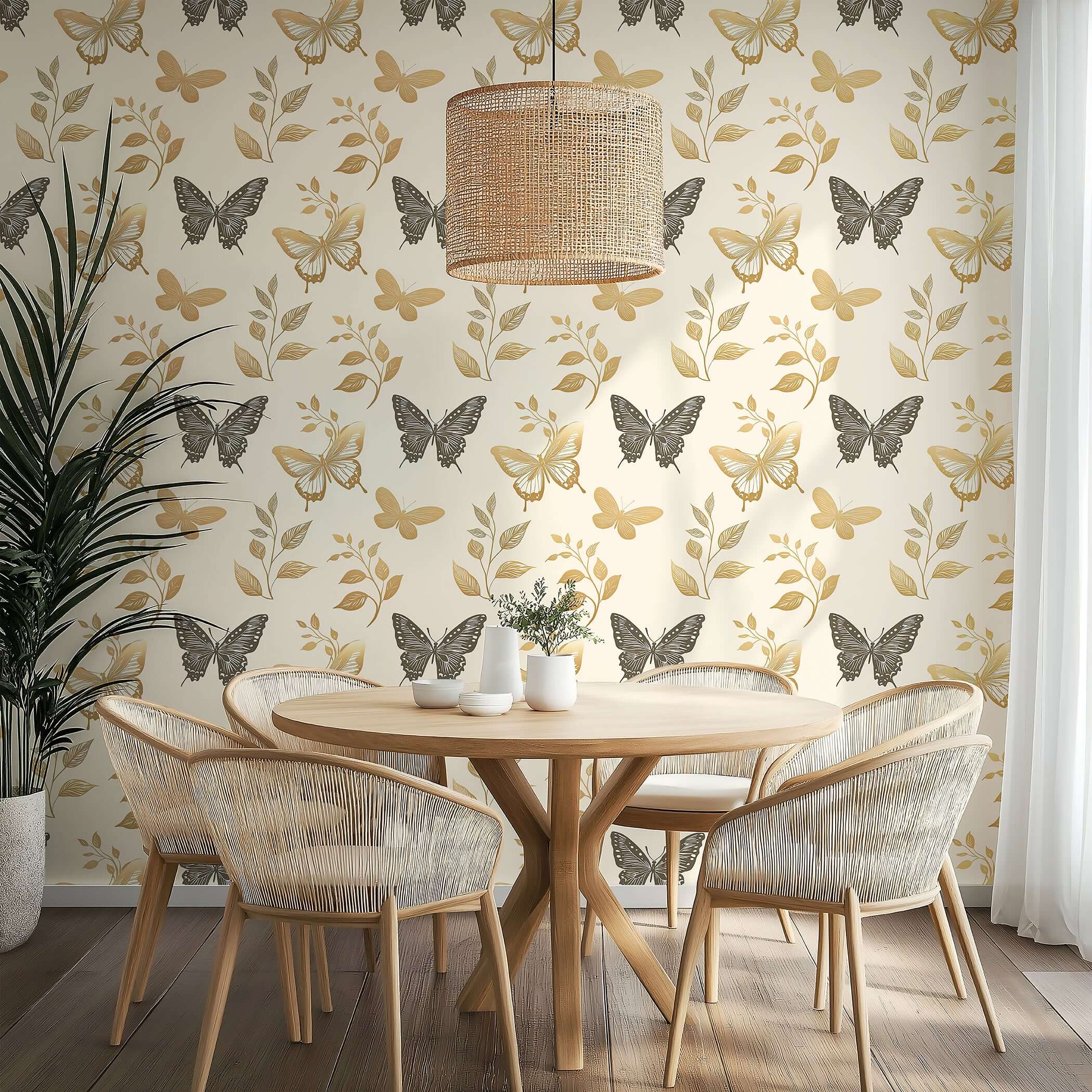 Elegant Botanical Wings wallpaper with butterflies and leaves in gold and charcoal on cream, perfect for modern nurseries and playrooms.