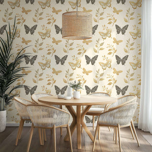 Elegant Botanical Wings wallpaper with butterflies and leaves in gold and charcoal on cream, perfect for modern nurseries and playrooms.
