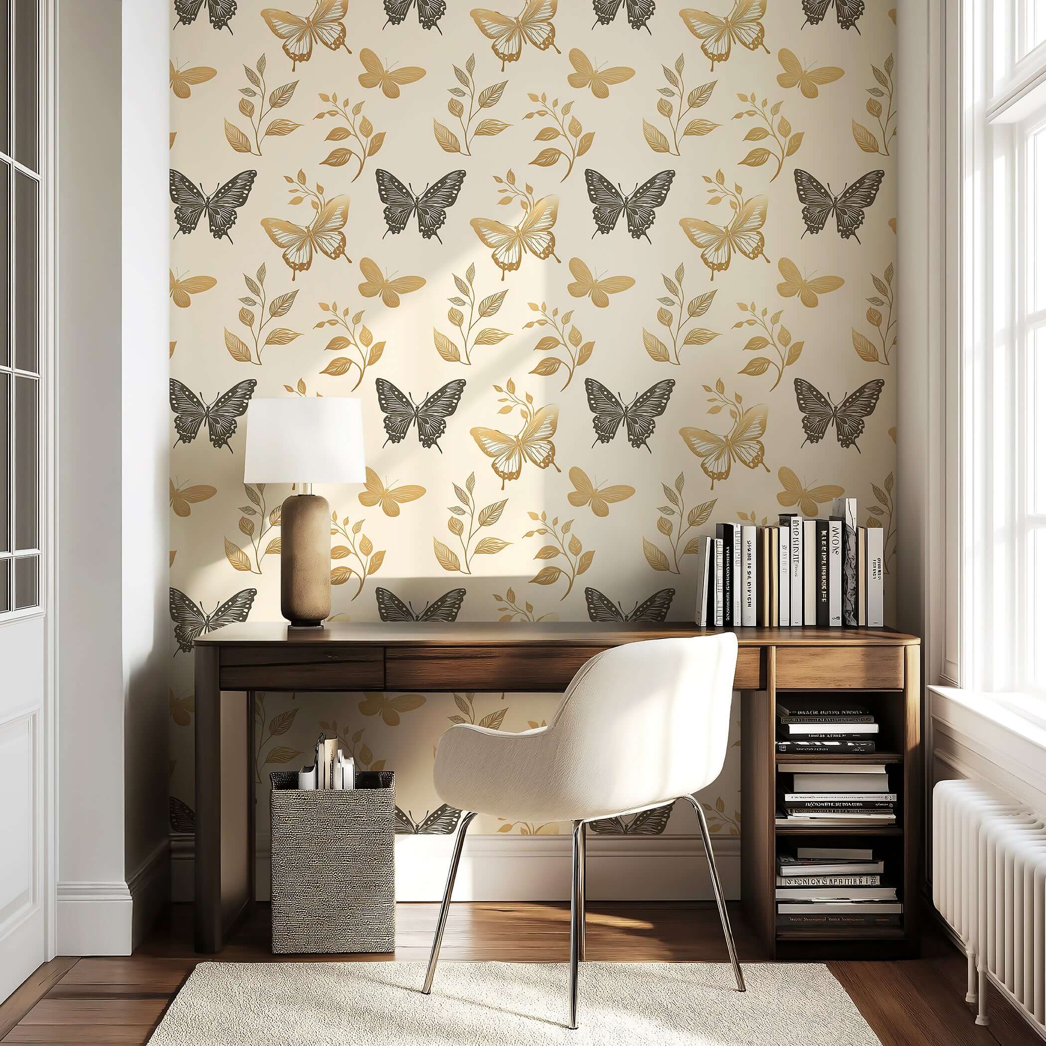 "Botanical Wings wallpaper with gold butterflies and floral design on cream background, ideal for modern nursery or playroom."