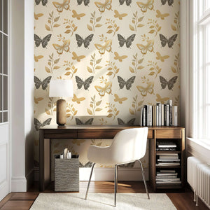"Botanical Wings wallpaper with gold butterflies and floral design on cream background, ideal for modern nursery or playroom."