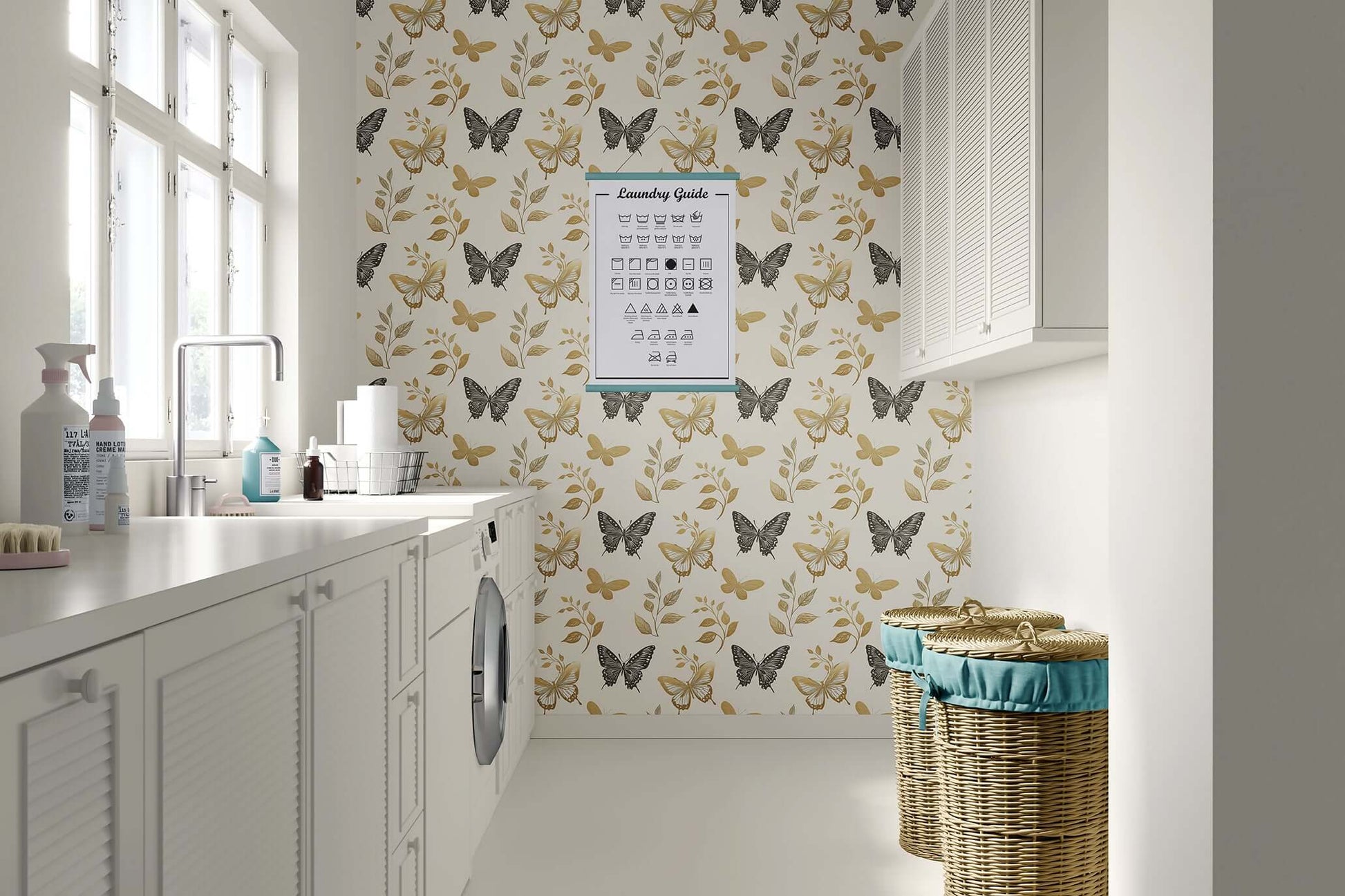Laundry room with Botanical Wings wallpaper featuring butterflies and florals, perfect for modern nurseries, children's rooms, or playrooms.