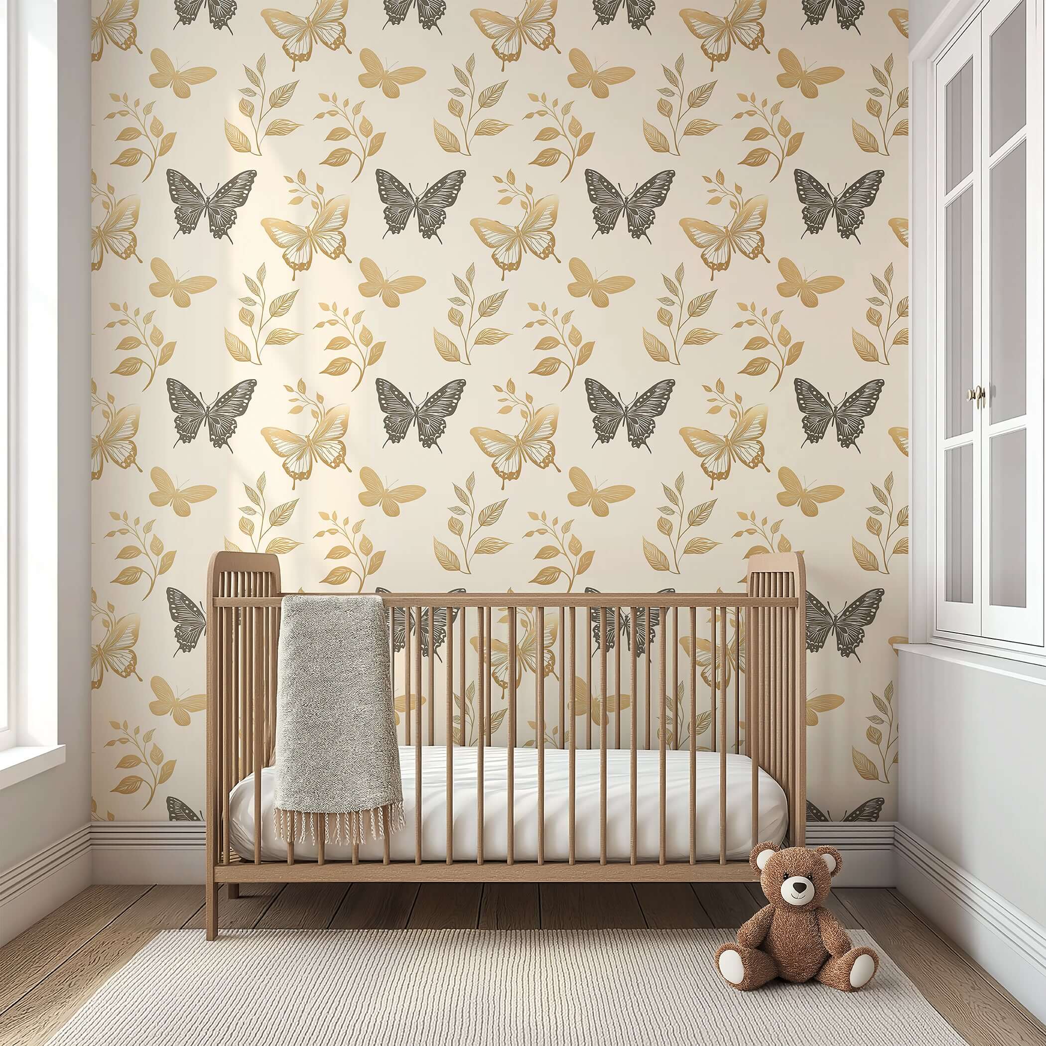 Elegant Botanical Wings wallpaper with butterflies and floral design in a nursery setting; perfect for modern children's rooms.