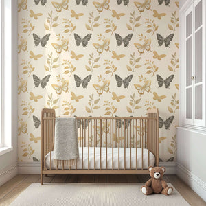 Elegant Botanical Wings wallpaper with butterflies and floral design in a nursery setting; perfect for modern children's rooms.