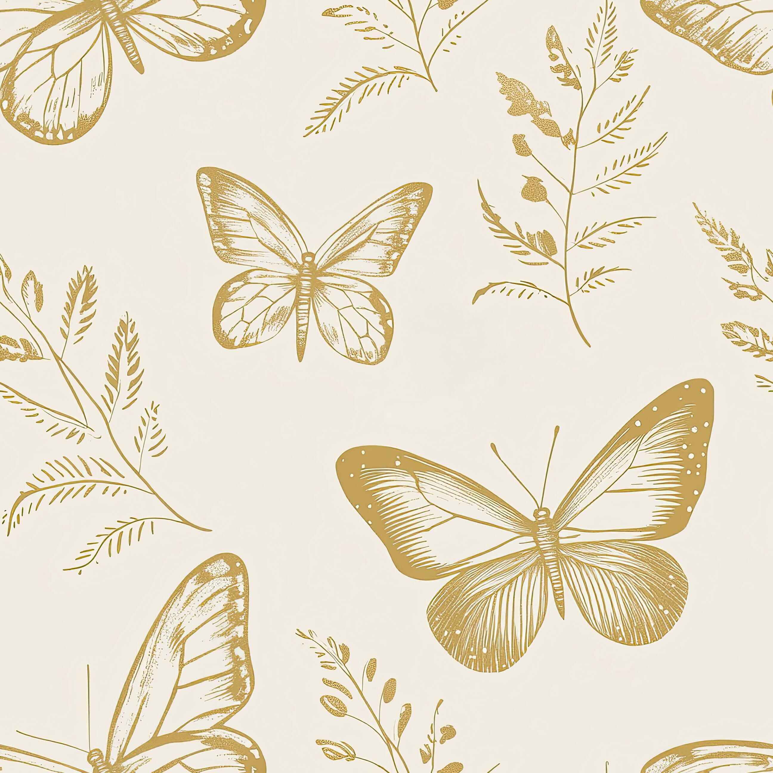 Golden Flight butterfly wallpaper with metallic gold butterflies and botanical florals, ideal for modern nurseries and playrooms.