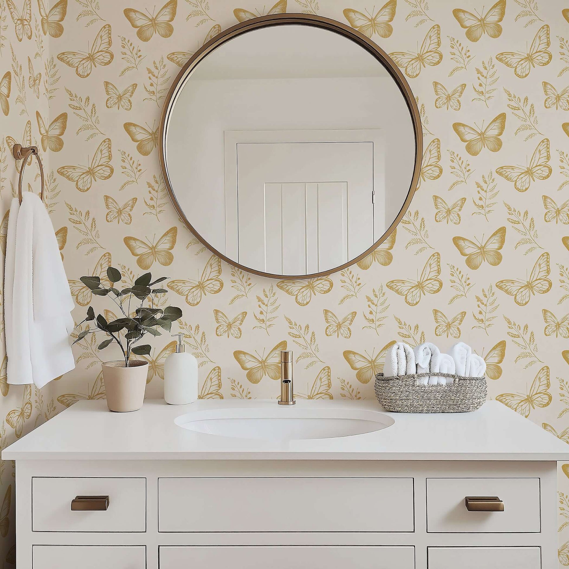 Elegant bathroom featuring "Golden Flight" wallpaper with metallic gold butterflies, ideal for nursery and modern floral design lovers.