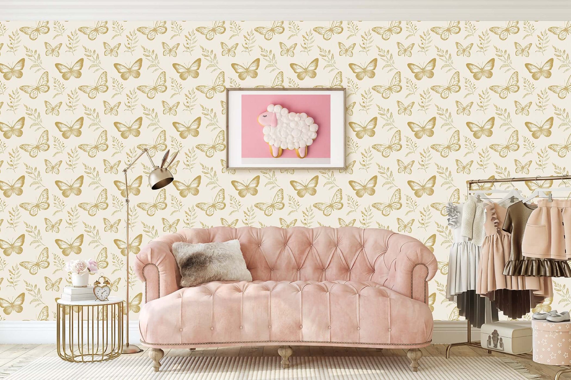 Golden Flight Wallpaper with gold butterflies and florals on ivory, ideal for modern nurseries or playrooms. Elegant and nature-inspired.