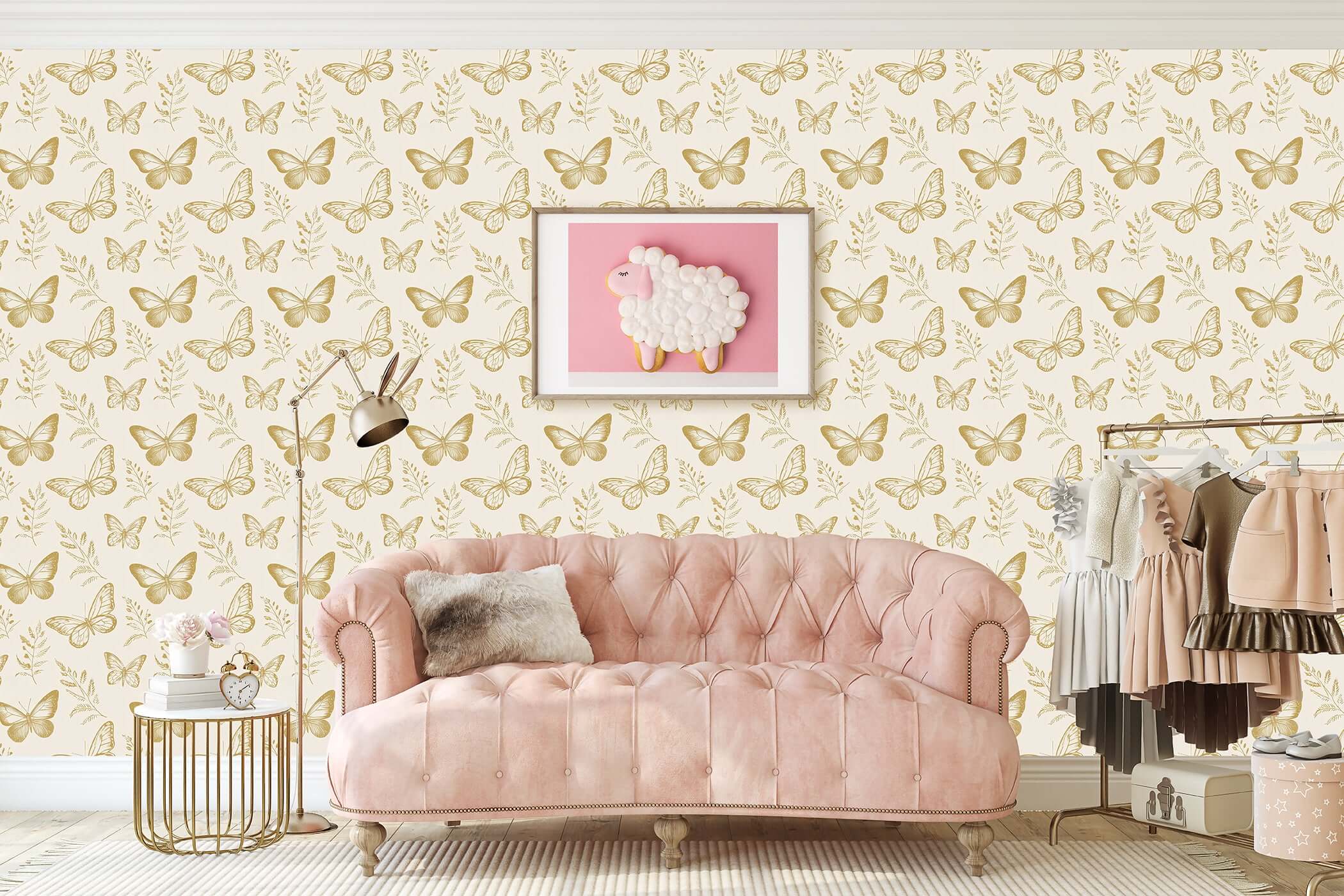 Golden Flight Wallpaper with gold butterflies and florals on ivory, ideal for modern nurseries or playrooms. Elegant and nature-inspired.
