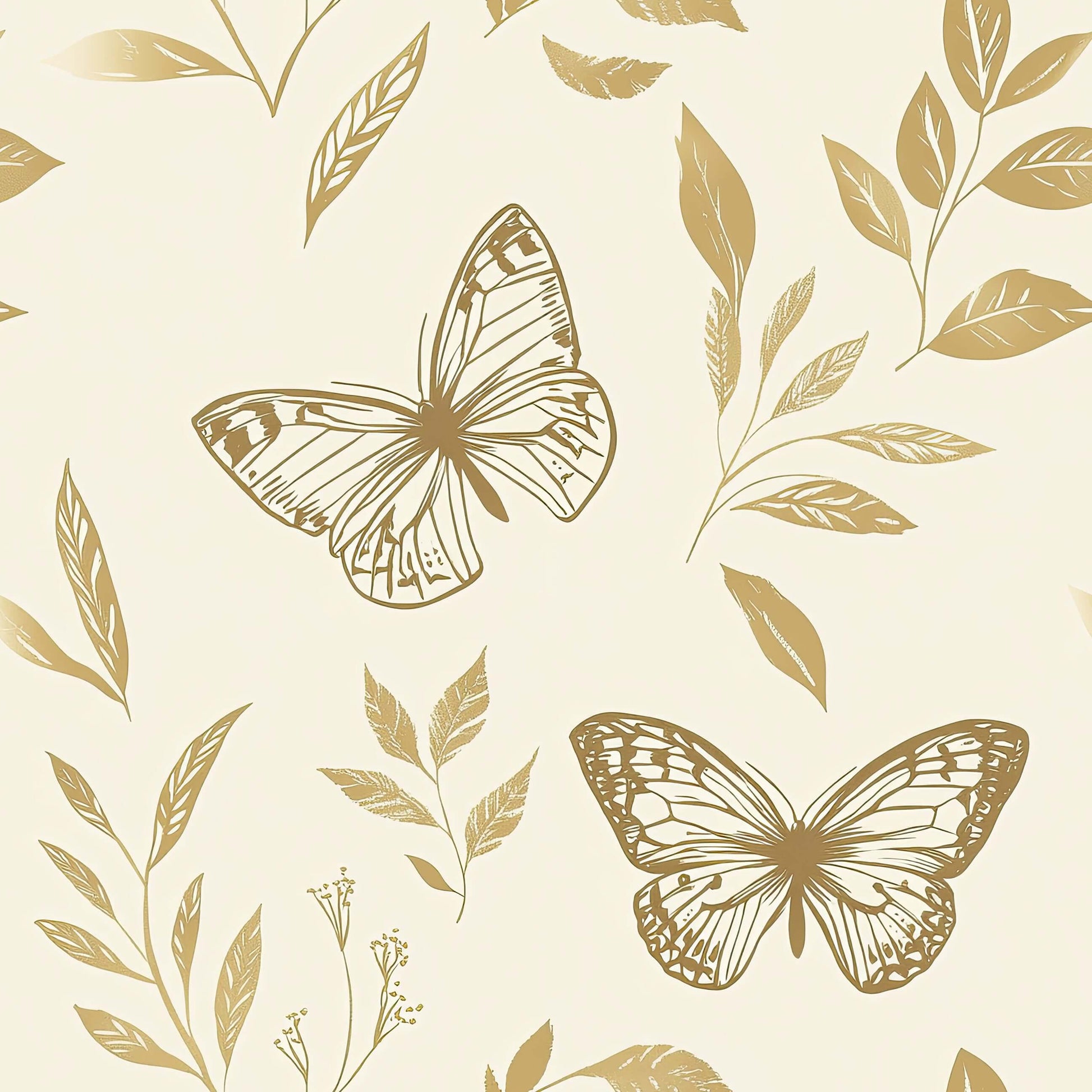 Golden Flight II wallpaper with gold butterflies and flora on ivory, perfect for nurseries, bedrooms, and modern playrooms.