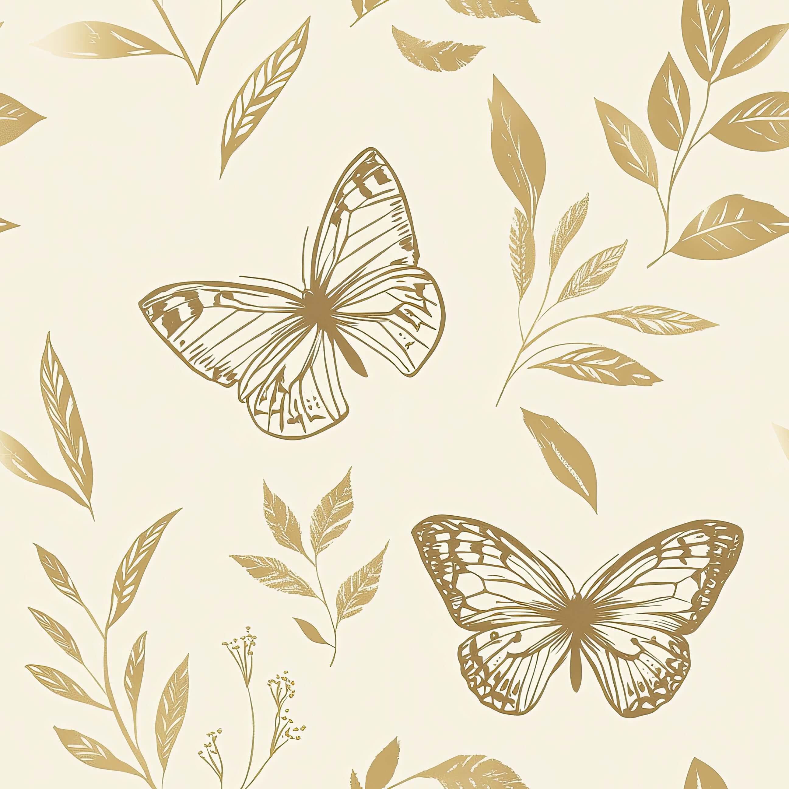 Golden Flight II wallpaper with gold butterflies and flora on ivory, perfect for nurseries, bedrooms, and modern playrooms.