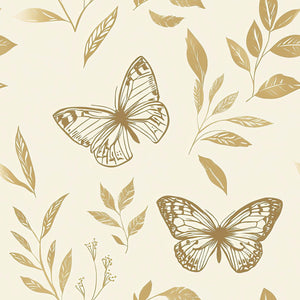 Golden Flight II wallpaper with gold butterflies and flora on ivory, perfect for nurseries, bedrooms, and modern playrooms.
