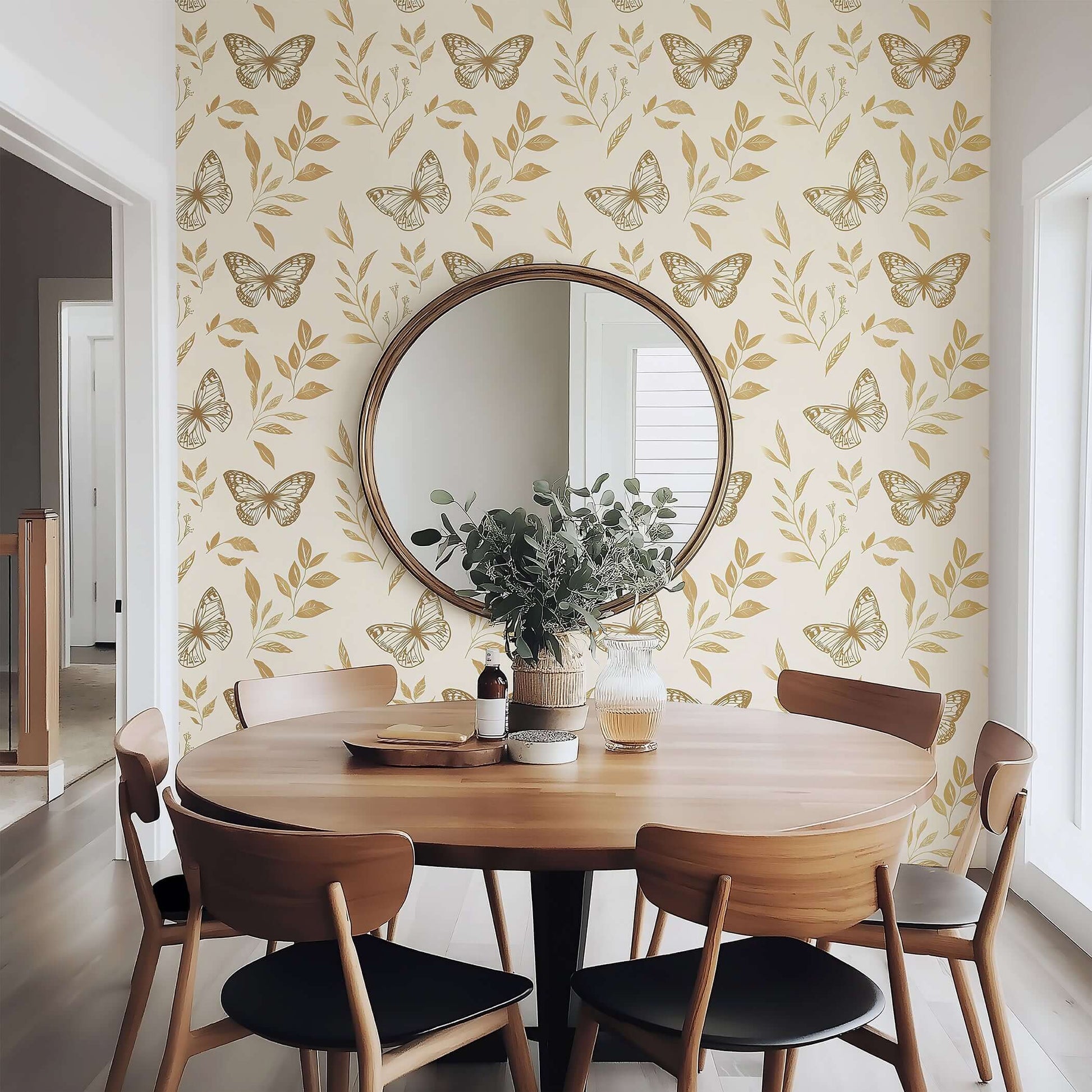 Golden Flight II wallpaper with metallic gold butterflies on an ivory floral backdrop, perfect for modern nurseries and playrooms.
