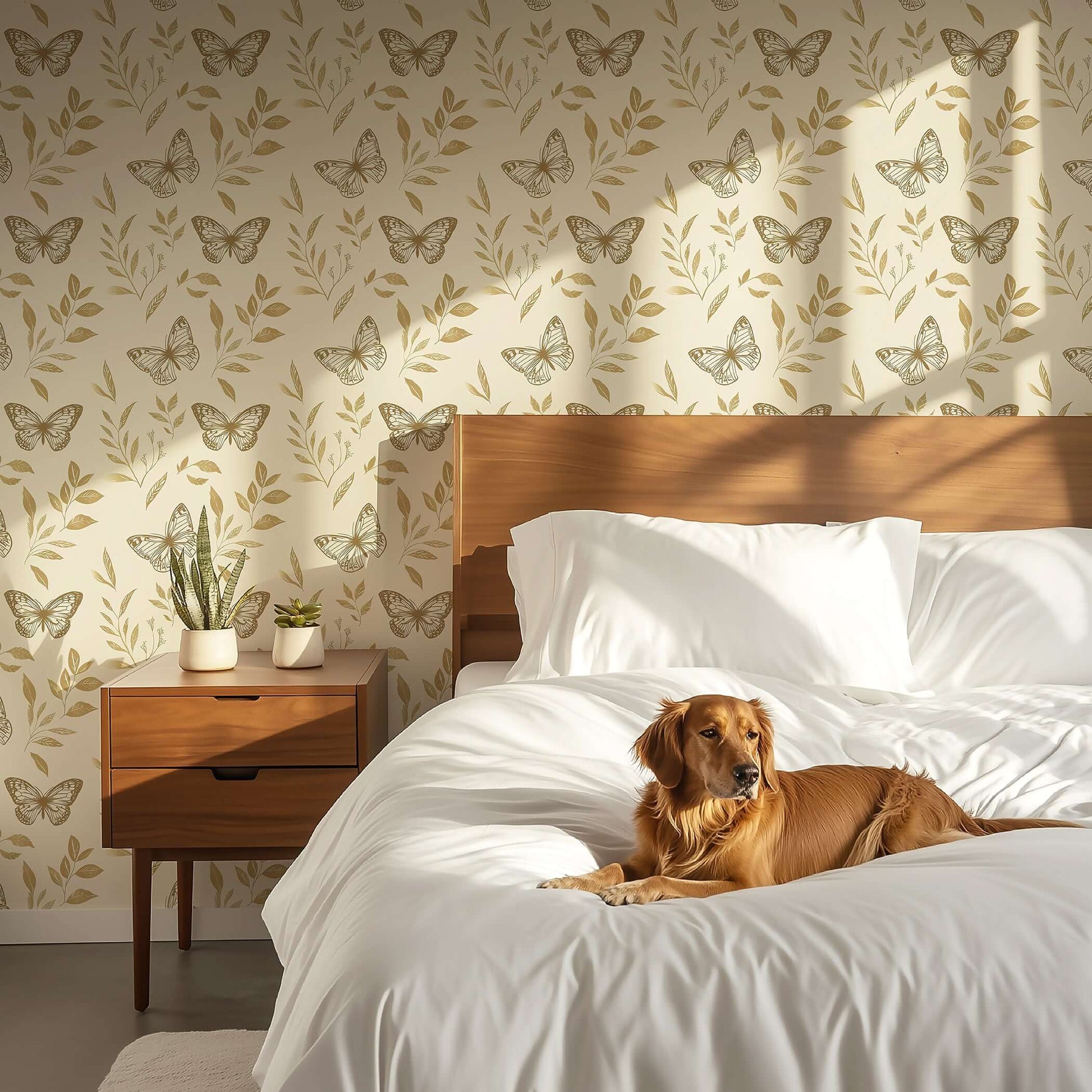 Golden Flight II butterfly wallpaper in a bedroom with a dog on a bed, featuring gold butterflies and leafy florals, ideal for nurseries.