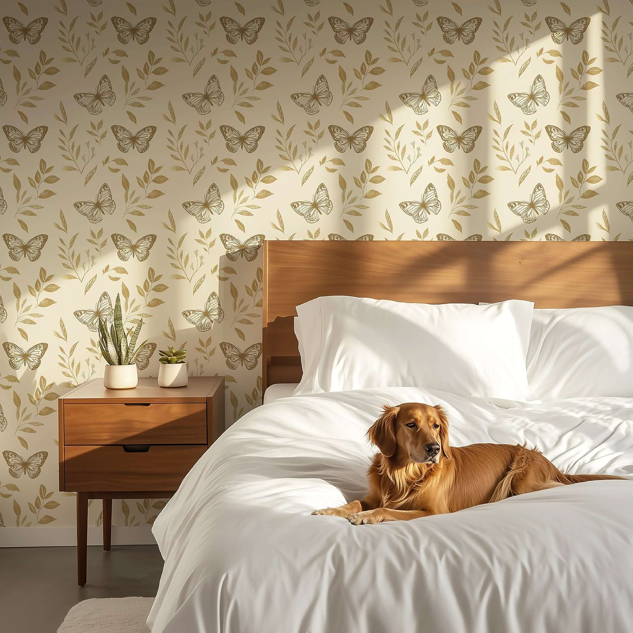 Golden Flight II butterfly wallpaper in a bedroom with a dog on a bed, featuring gold butterflies and leafy florals, ideal for nurseries.