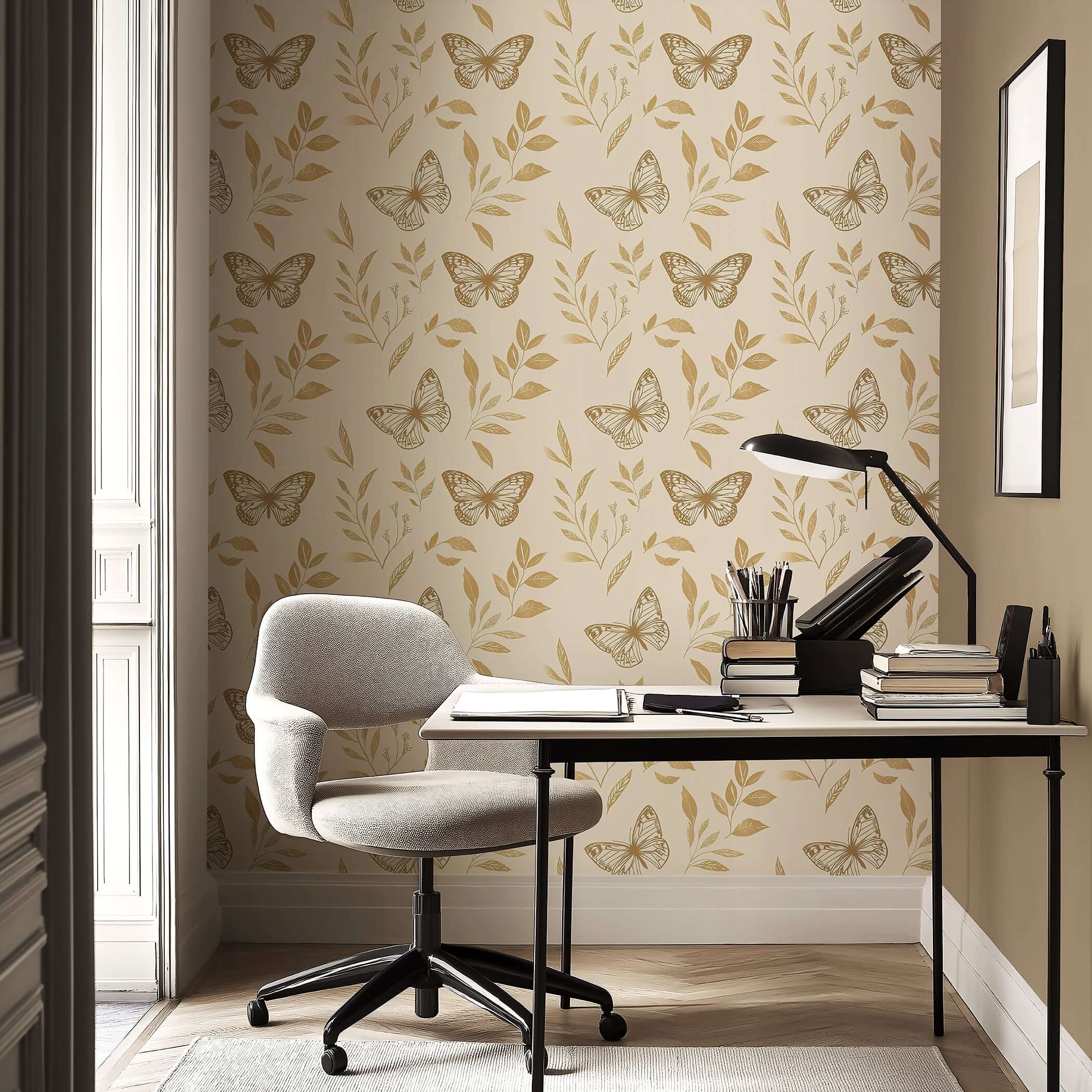 Golden Flight II wallpaper featuring gold butterflies and botanical sketches on ivory, ideal for modern nurseries and playrooms.