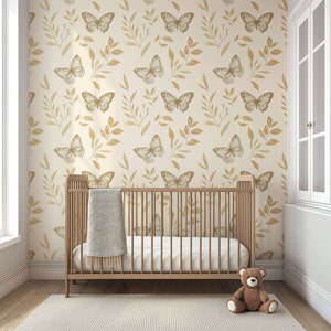 Golden Flight II butterfly wallpaper with metallic gold butterflies and florals on ivory backdrop, ideal for nurseries and playrooms.