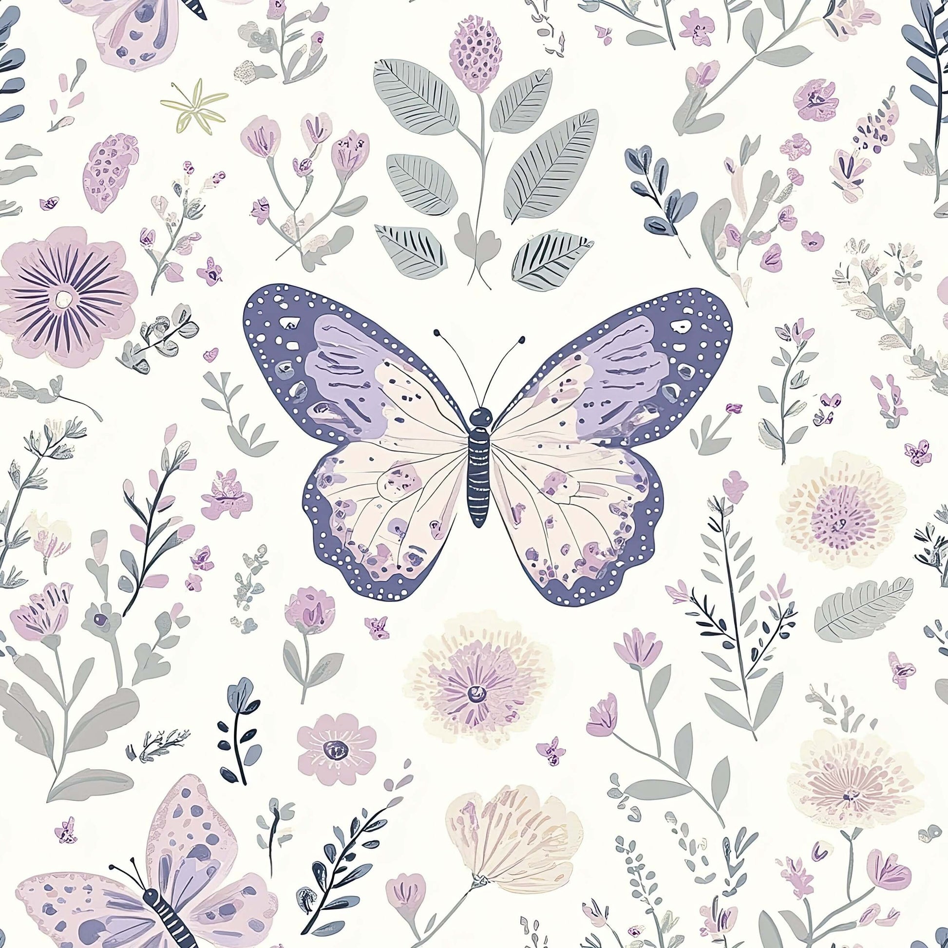 "Enchanted Floral Flight" wallpaper with butterflies and florals, perfect for nurseries, playrooms, and modern children's spaces.