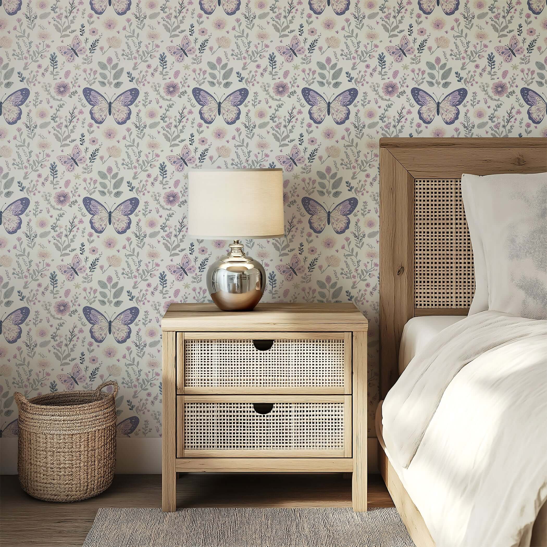 Enchanting floral butterfly wallpaper in a bedroom setting, ideal for nurseries and playrooms, featuring soft hues and modern design.