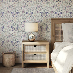 Enchanting floral butterfly wallpaper in a bedroom setting, ideal for nurseries and playrooms, featuring soft hues and modern design.