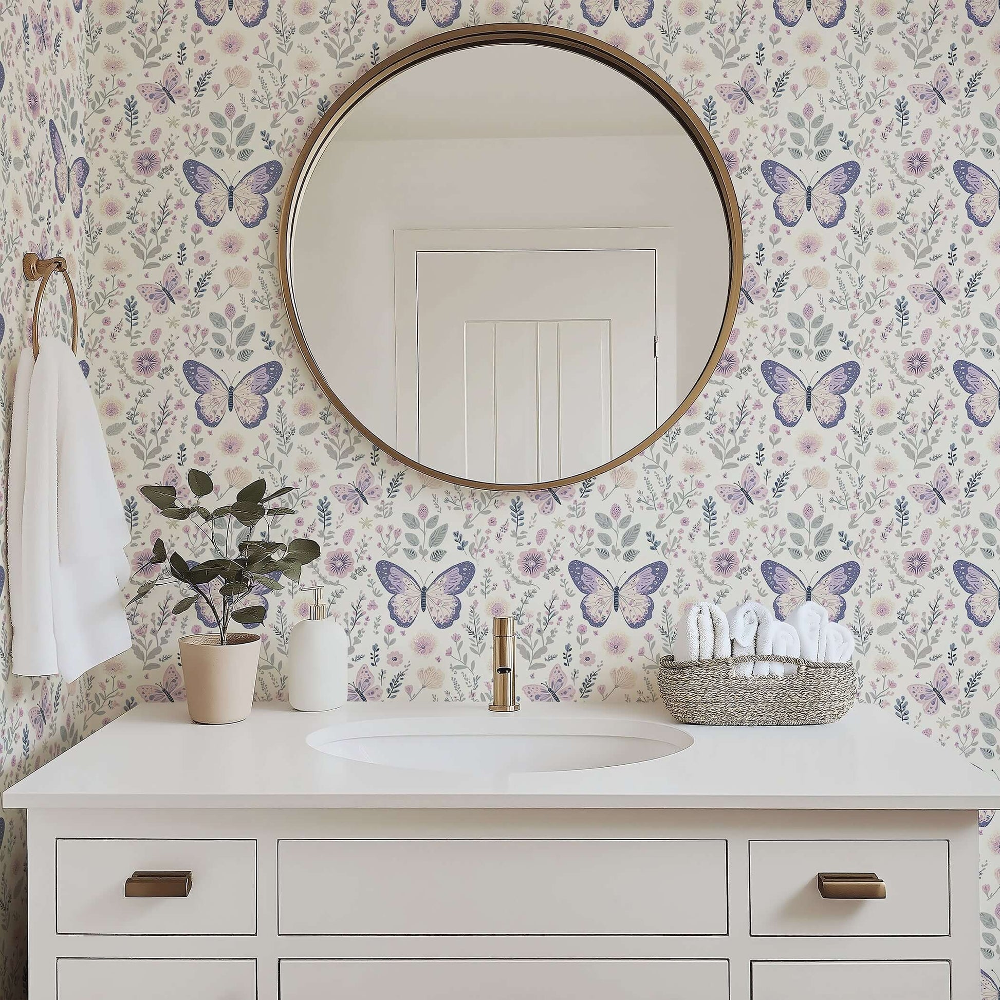 Elegant bathroom with Enchanted Floral Flight wallpaper, showcasing butterflies and florals, perfect for a whimsical modern design.